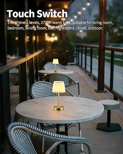 Miniatura 3 de PUSU Paquete de 2 lámparas de mesa LED inalámbricas doradas, recargables de 4000 mAh, 3 vías regulables, lámpara pequeña con pantalla de tela,