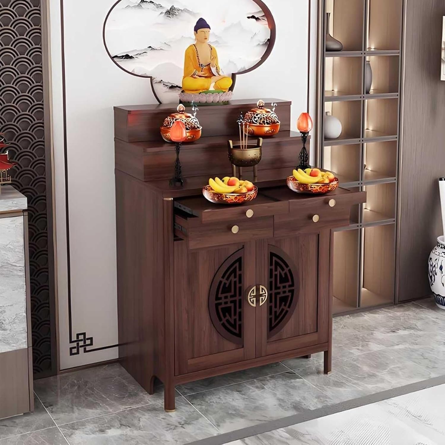 Solid Wood Shrine Altar Table with Storage,Meditation Table with Drawer,Personal Buddha Niche, Chinese Cabinet Pedestal Offering Tables for Buddhist Temples(88cm/34.6in)