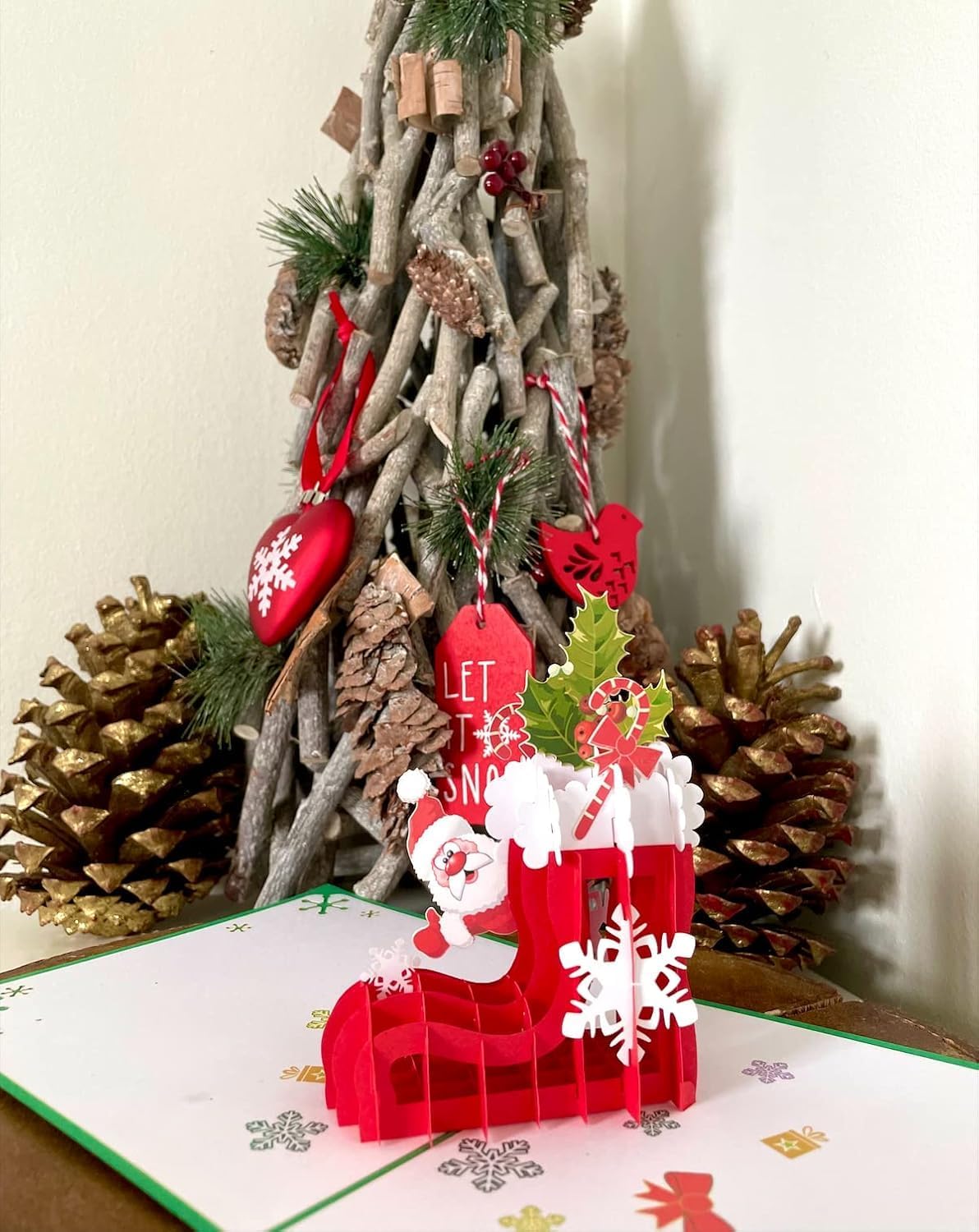 Santa Claus Red Gift Stocking 3D Pop Up card.A Delightful holiday surprise greeting card gift for kids, friends, family and loved ones. For Christmas decor and parties.15cmx15cm