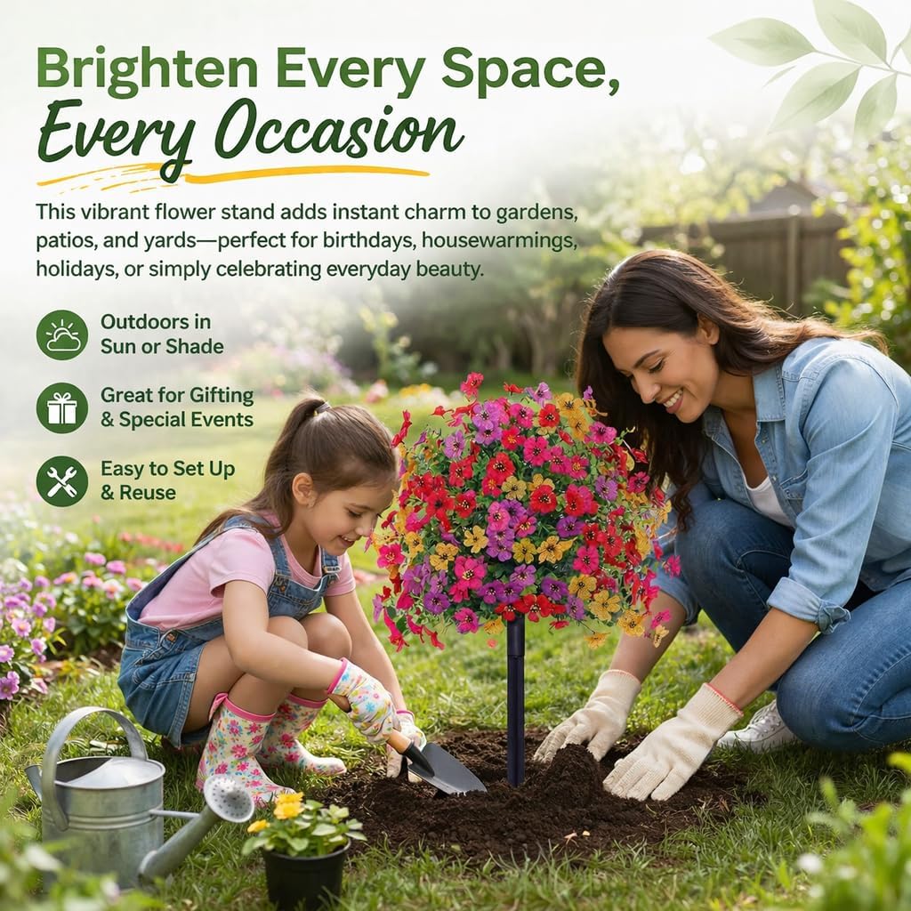 Artificial Flowers for Outdoors, UV Resistant Faux Topiary Ball Plants with Ground Stakes, 22 Inch Realistic Fake Greenery Bushes, Waterproof Fade Proof for Garden Porch Patio Yard Decor, 2 Pack