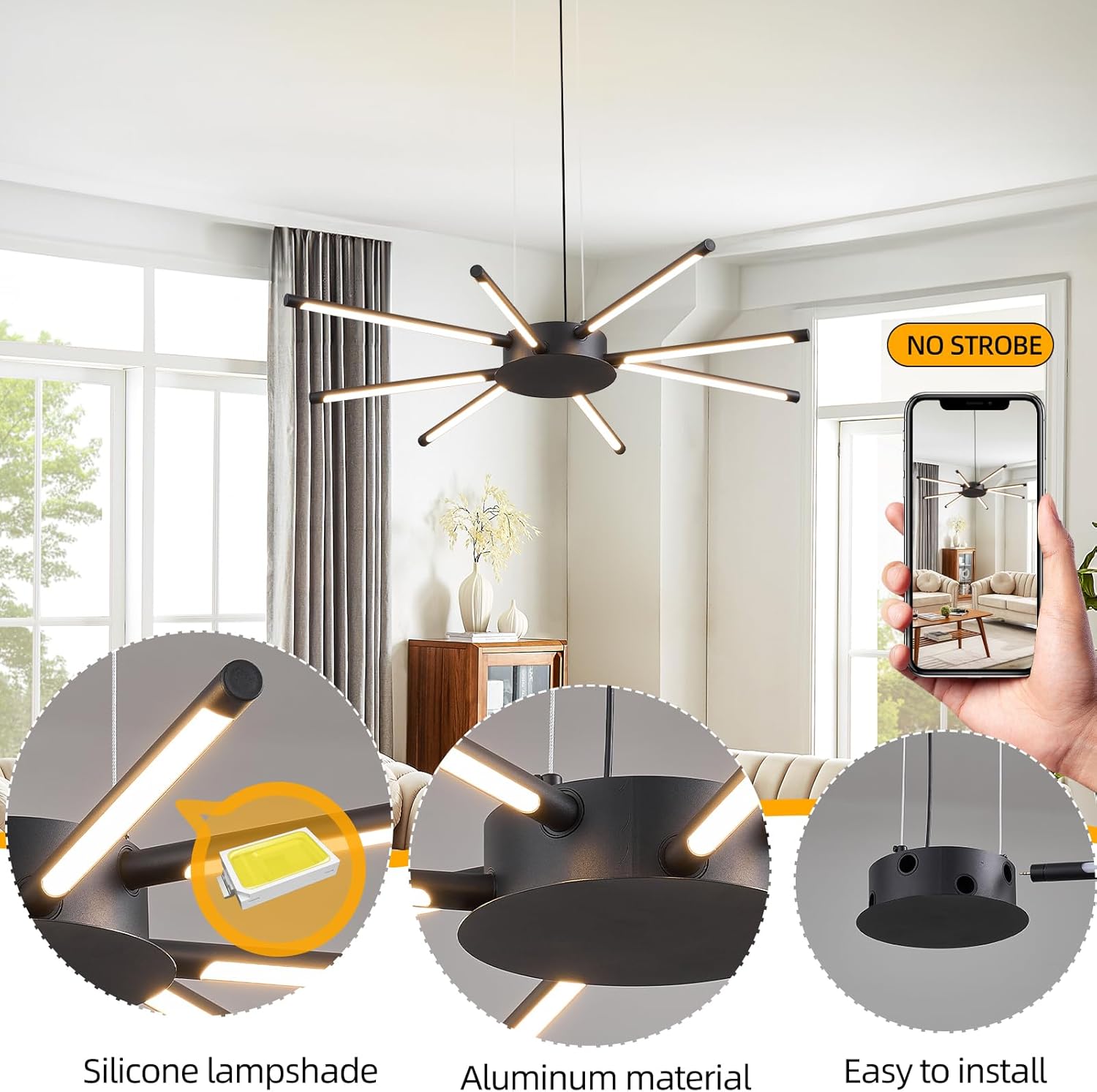35.43 inches Modern Sputnik Chandelier 8 Light Dining Room Light Fixture LED Dimmable Pendant Light with Remote Control Black Chandeliers for Living Room Kitchen Bedroom