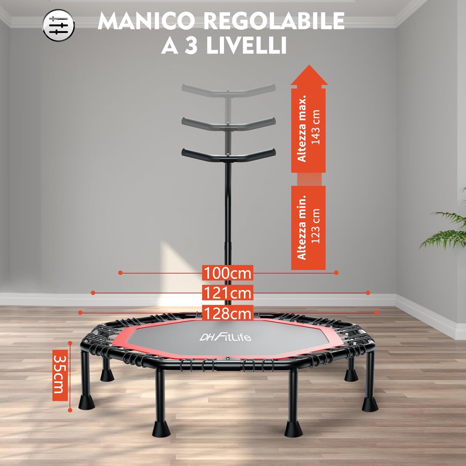 DH FitLife Trampolino da fitness, pieghevole, silenzioso, senza installazione, trampolino da 50 pollici, 128 cm, per interni ed esterni, con 3 gradini regolabili