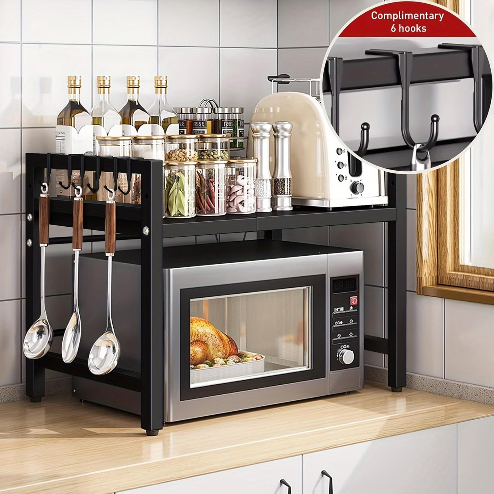 Étagère à Micro-Ondes Extensible à 2 Niveaux, Charge 30kg | Acier au Carbone, Extensible 40 à 64 cm, Porte-Baguettes et Porte-Planche à Découper, Adapté Cuisine, Bureau, Garage