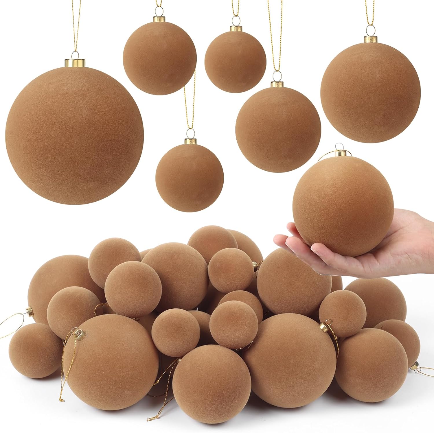 60PCS Christmas Velvet Ball Ornaments 4 Sizes Velvet Balls Bulk Flocked Shatterproof Decorations for Holiday Xmas Tree Decor (Brown)