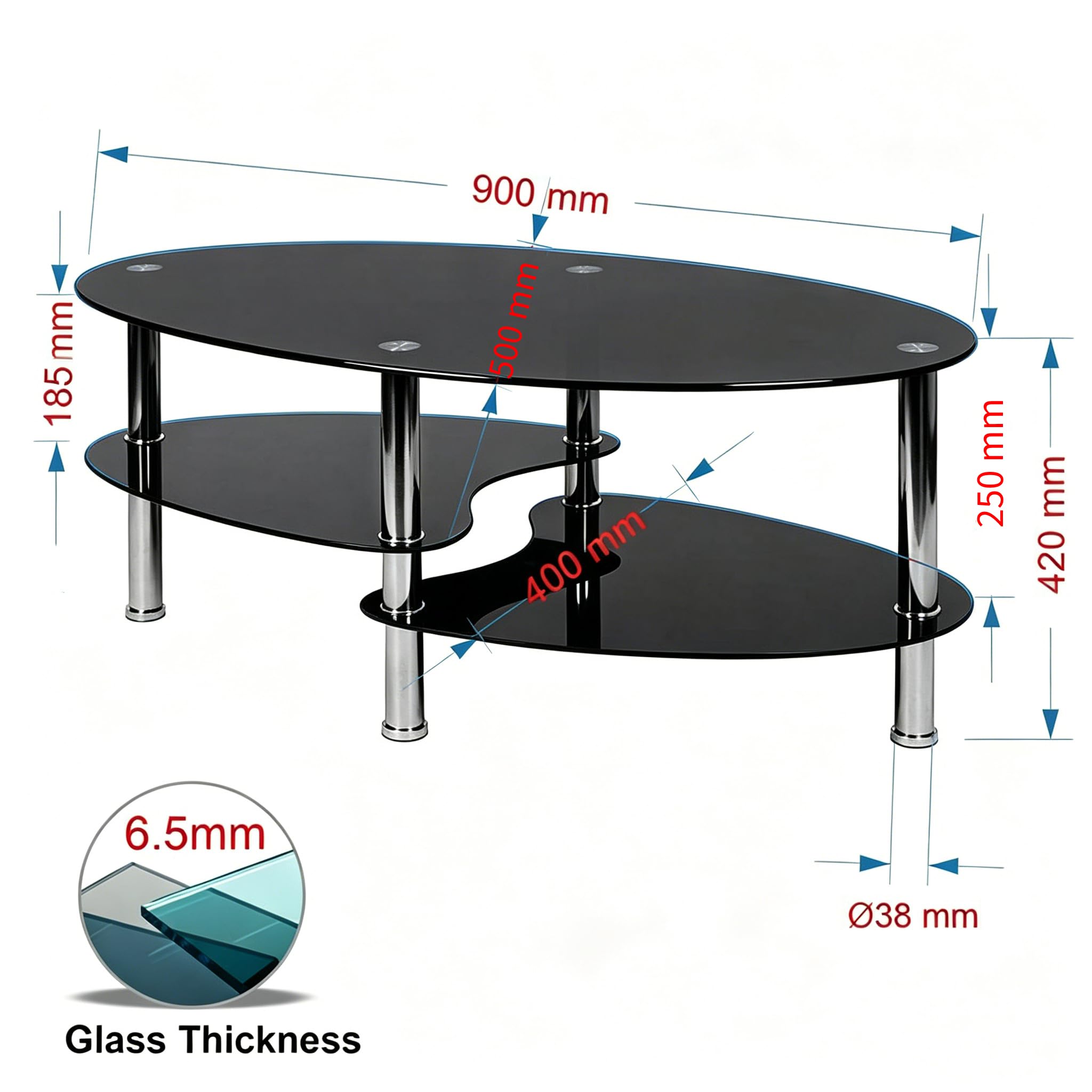 Table Basse Ovale en Verre Trempé, Noir et Noir