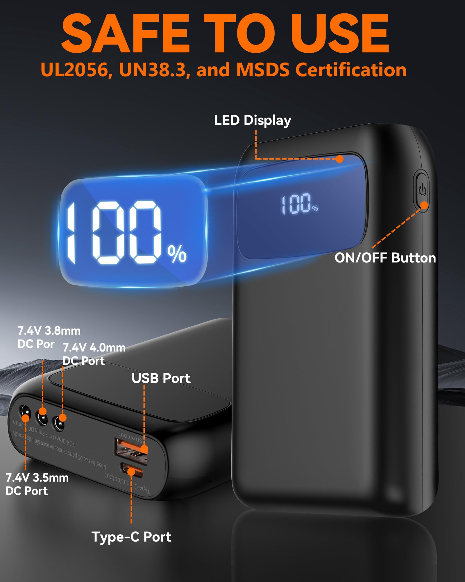 Batterie externe pour gilet chauffant - 7,4 V 3 A 20 000 mAh avec 3 sorties CC 3,5/3,8/4,0 mm - Rechargeable pour vestes chauffantes ORORO et Venustas, gilets, pantalons, sous-vêtements