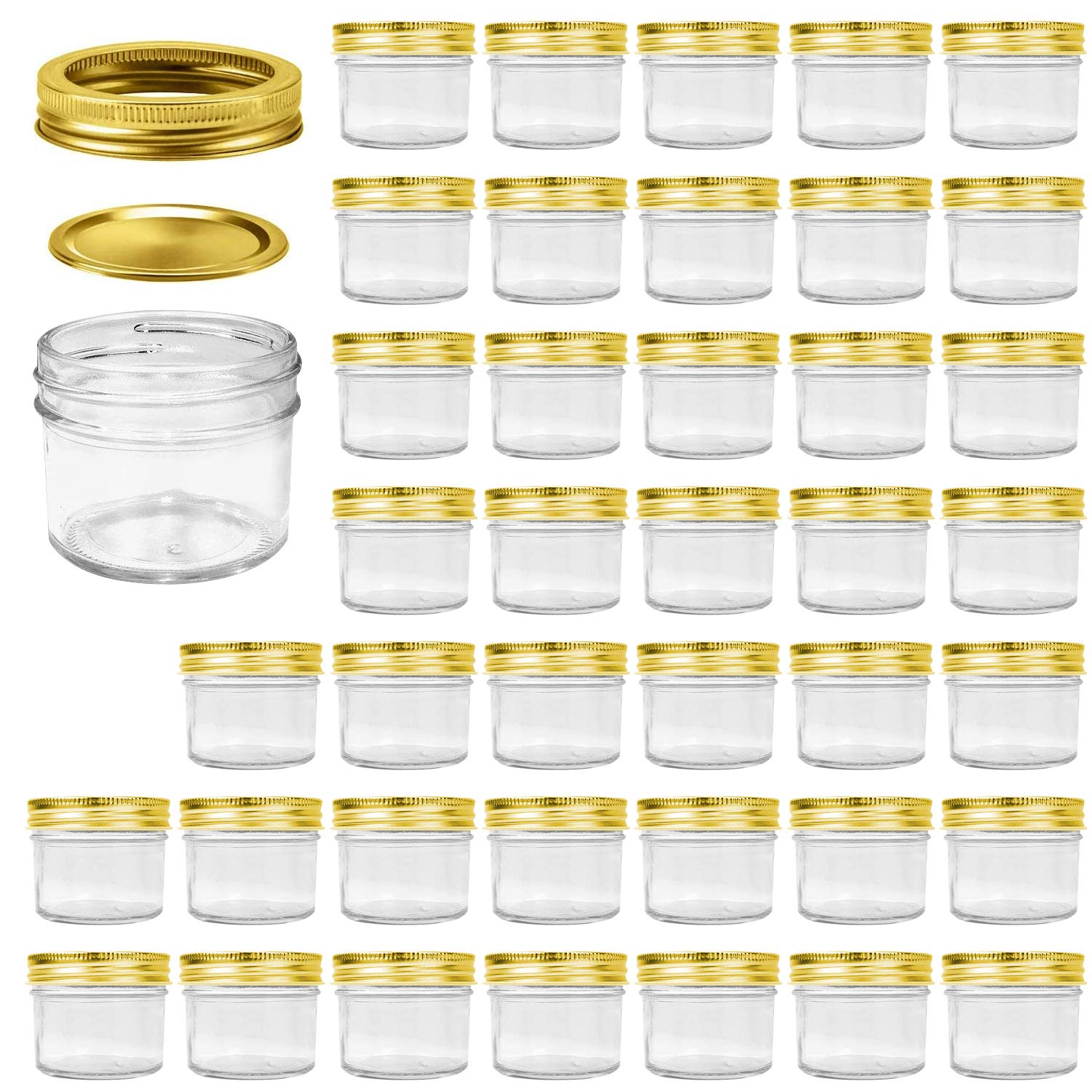 Encheng4 oz Clear Glass Jars With Lids And Bands(Golden), Small Spice Jars For Herb,Jelly,Jams,Wide Mouth Manson Jars Canning Jars For Kitchen Storage 40 Pack …