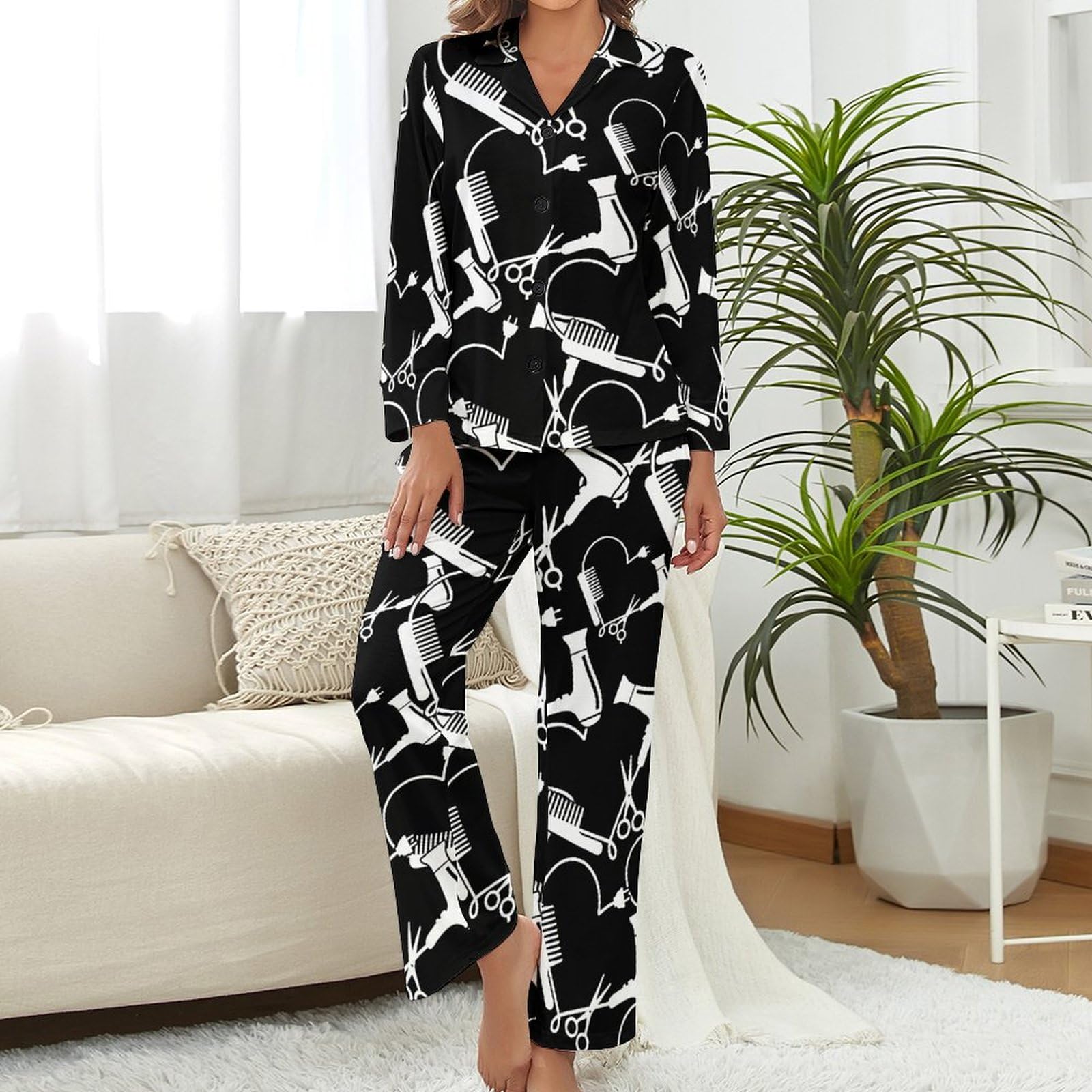 Hairdresser Hairstylist Love Barber Tool 1 Women's Pajama Sets Sleepwear Long Sleeve Shirt Top and Pants 2 Pieces Pjs L