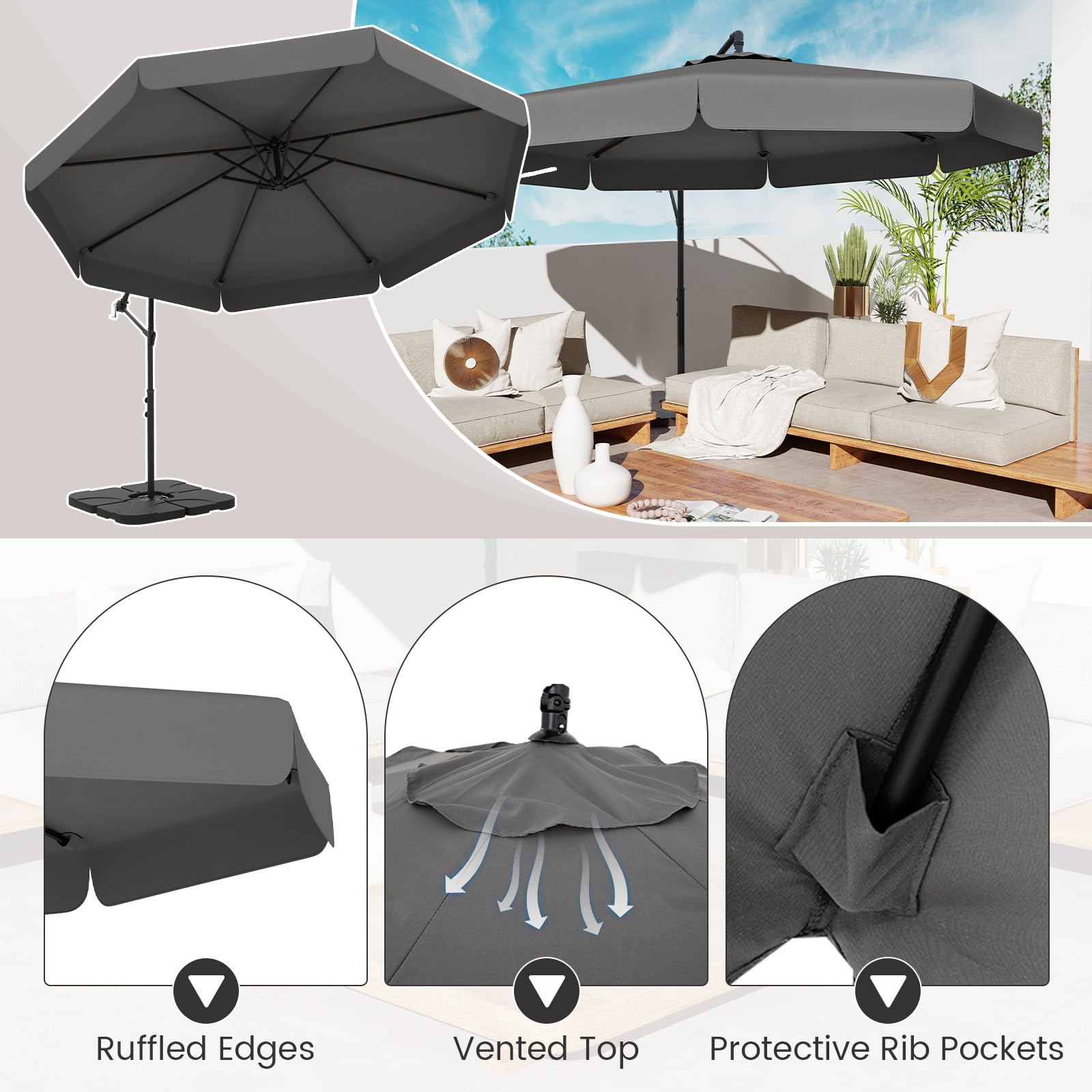 GOPLUS Ampelschirm 300 cm, Sonnenschirm mit Kurbel, Kreuzfuß & Schutzhülle, Gartenschirm mit 35° unendliche Neigung, Terrassenschirm mit Volant, Marktschirm für Pool, Garten & Terrasse, Grau
