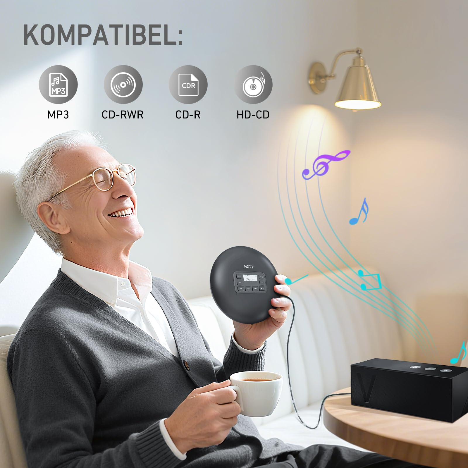 HOTT Tragbarer CD Player mit Tastensperre, dualer USB-C & Batteriestromversorgung sowie ASP-Anti-Shock, ausgestattet mit 3,5-mm-AUX-Ausgang – perfekt für Musik, Lernen und Geschenke (Schwarz)