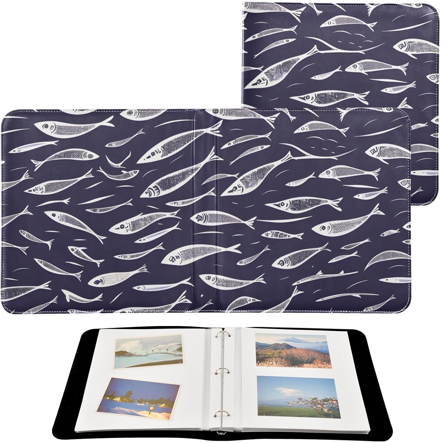 JIPONI Swimming Fish Large Photo Album, DIY Leather Cover Scrapbook Albums for 4x6 5x7 6x8 Pictures, Self Adhesive Memory Book for Wedding, Baby, Family