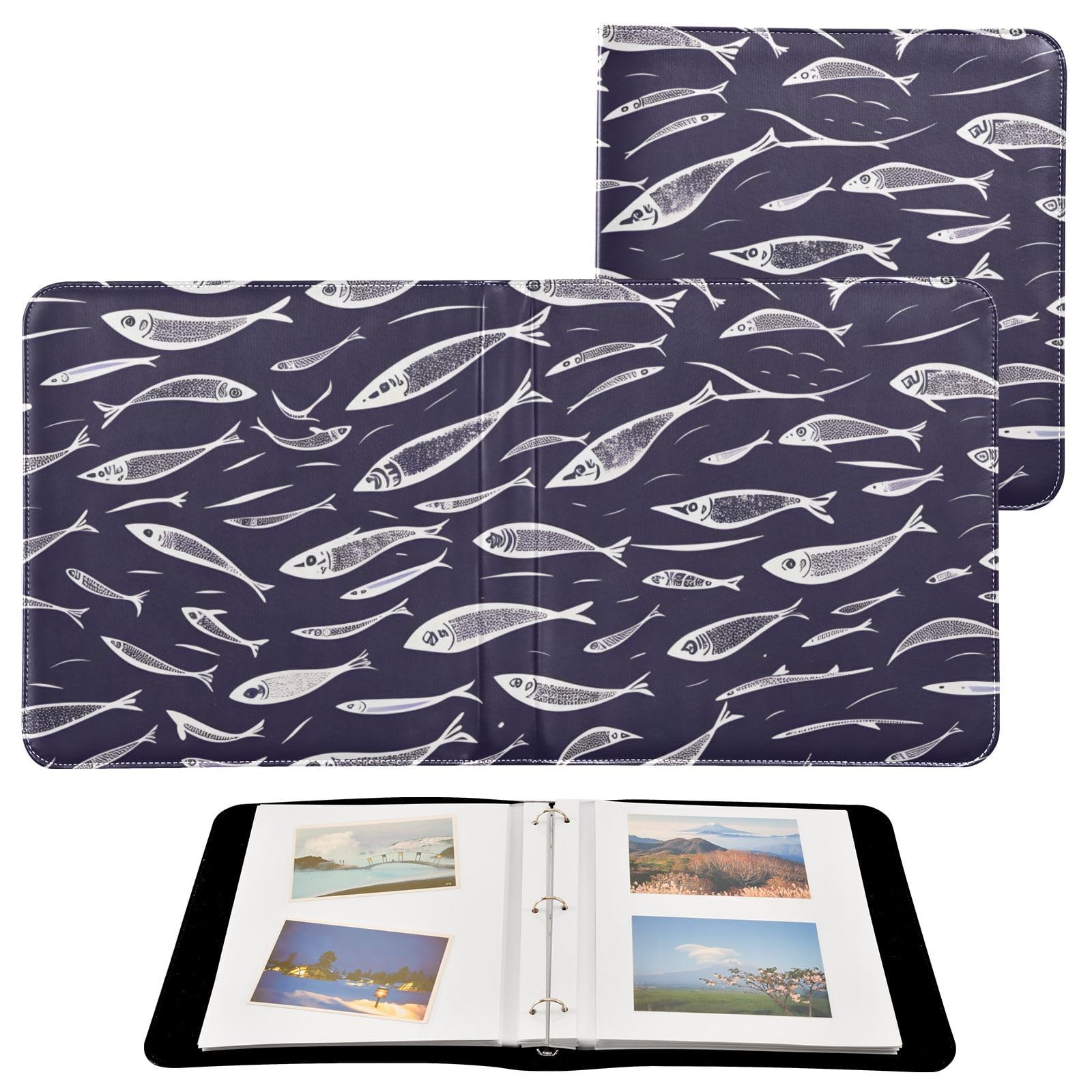 JIPONI Swimming Fish Large Photo Album, DIY Leather Cover Scrapbook Albums for 4x6 5x7 6x8 Pictures, Self Adhesive Memory Book for Wedding, Baby, Family