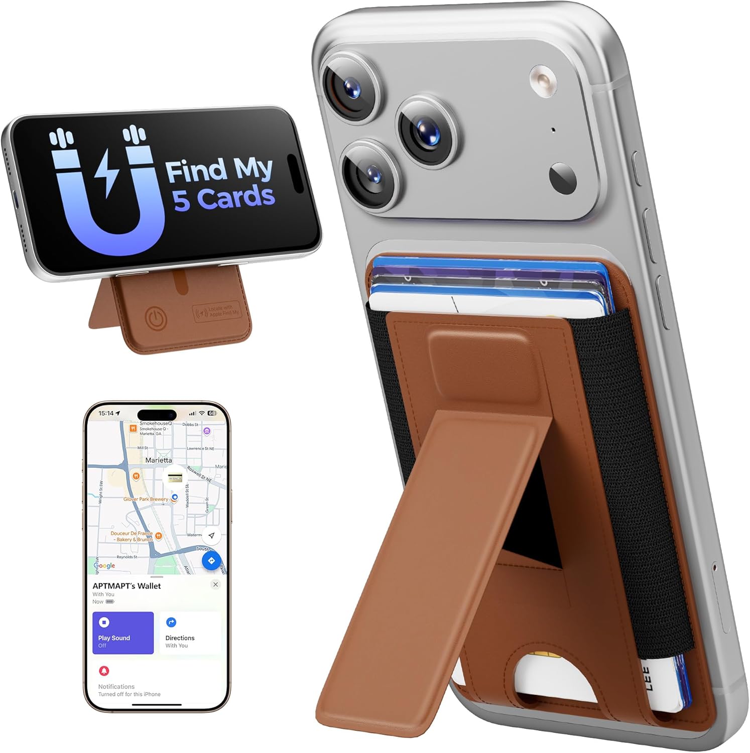 for MagSafe Wallet, Works with Apple Find My, 5-Card RFID Holder with Stand Also Grip, Strong Magnetic Wallet for iPhone 17/16/15/14/13/12 Pro Max Air Plus, Wireless Charging, Brown