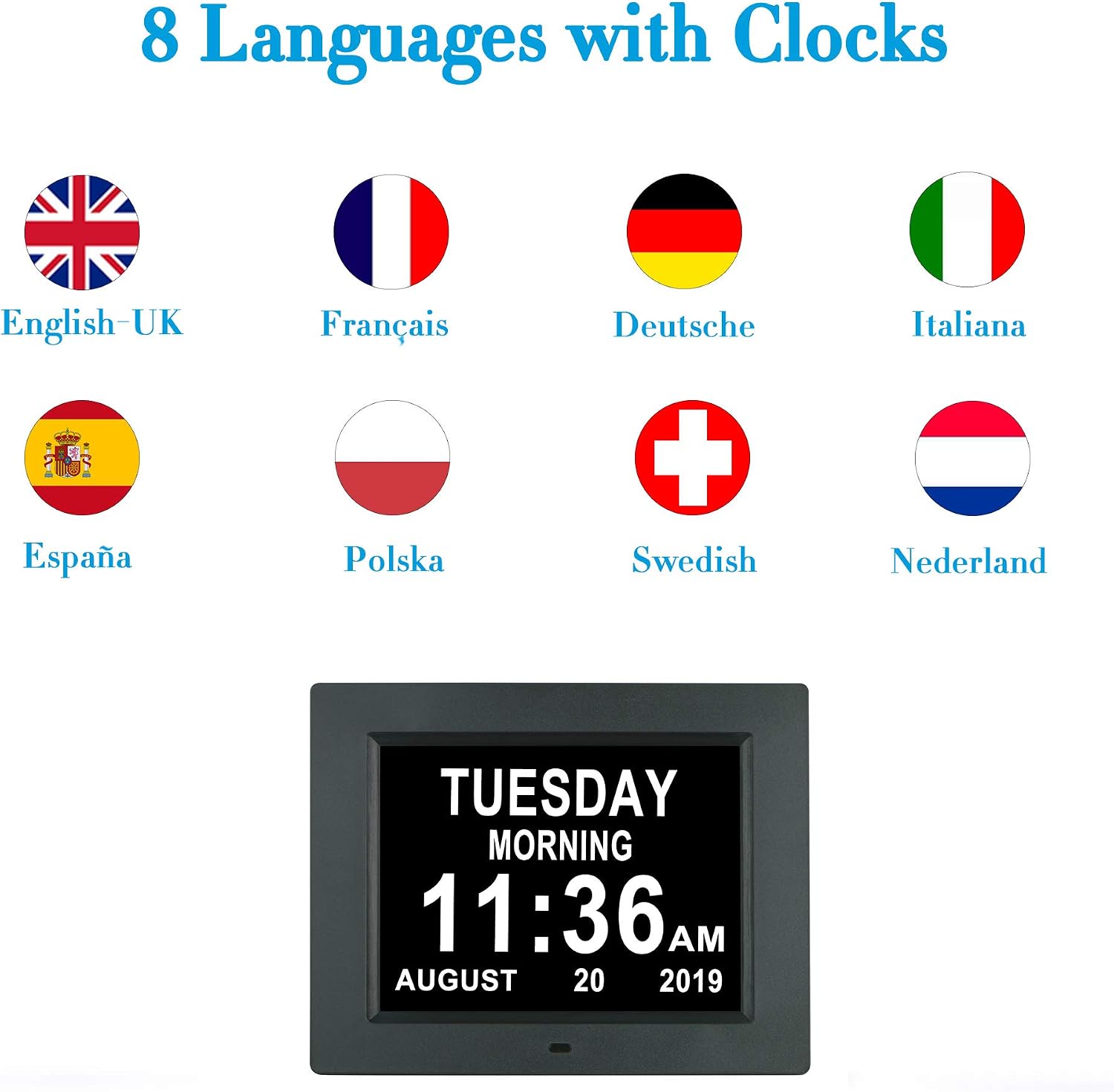 Jaihonda Digital Day Calendar Clocks Extra Large Time Date and Day of The Week Dementia Clock for Seniors Elderly Impaired Vision Auto Dimming + 3 Medication Reminders(8" Black)