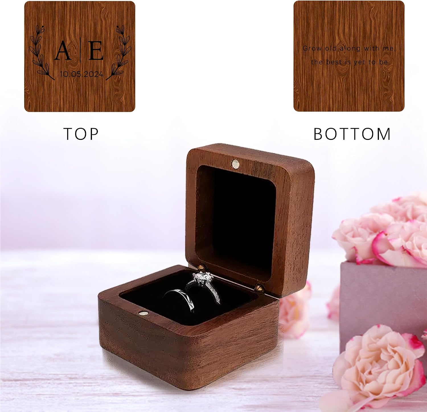 Personalized Walnut Ring Box, Engraved Wooden Box with 2 Slots image 3