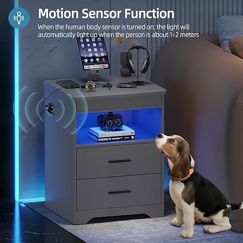 Miniatura 23 de Gurexl Juego de 2 mesitas de noche con estación de carga para dormitorio, mesa auxiliar con cajón secreto para armas, moderna mesa auxiliar LED con