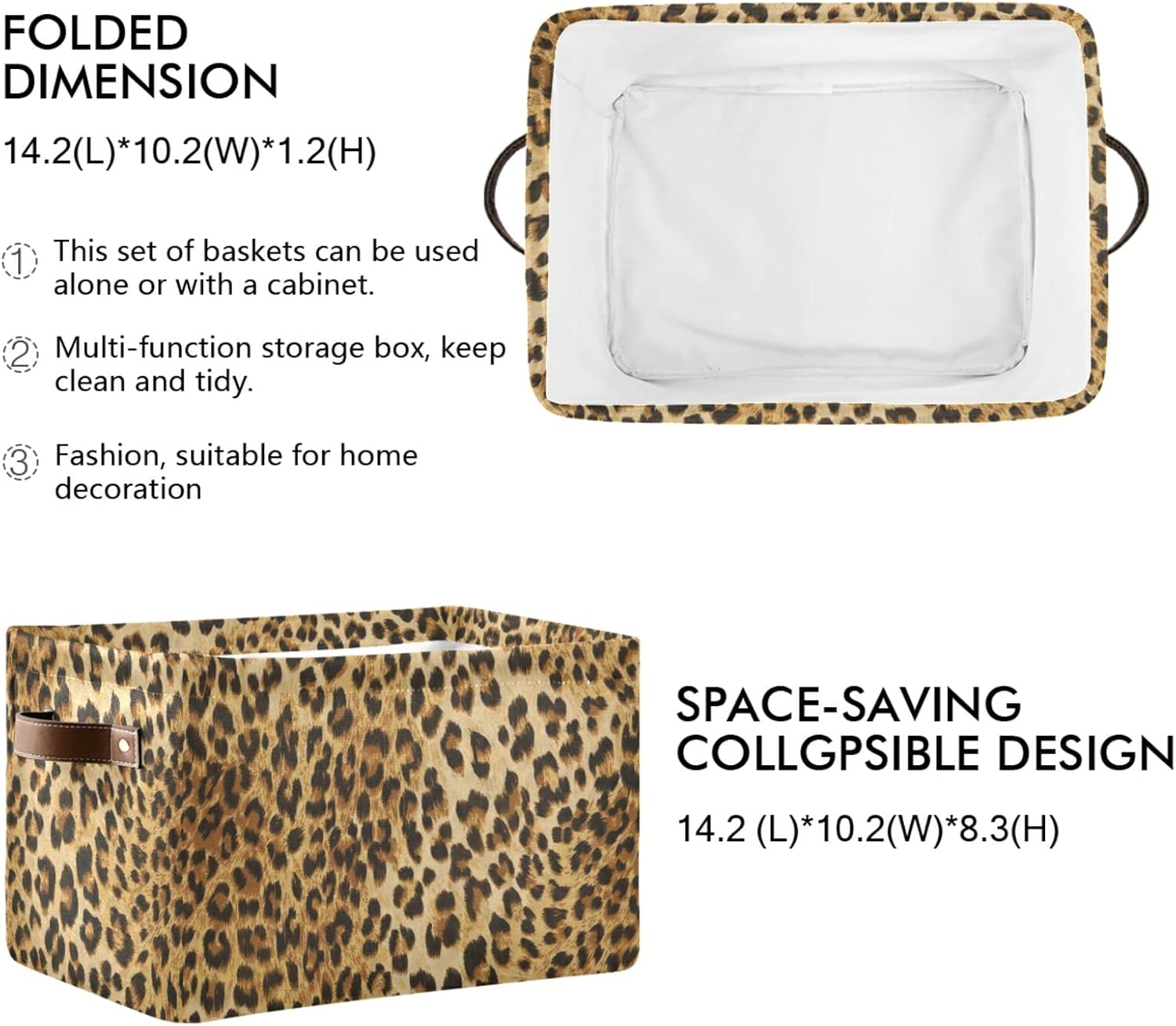 Leopard Print Canvas Storage Bin - Large Animal Toys Basket Cube Box With Handles for Home Office Bedroom Closet Shelves, 2 Pcs