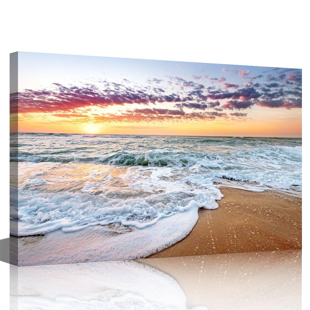 TISHIRON Seascape Wall Art Decor Poster Artworks Dusk Sunset Pictures Painting On Canvas Modern Home Office Decor with Wooden Frame Ready To Hang(24X16in)