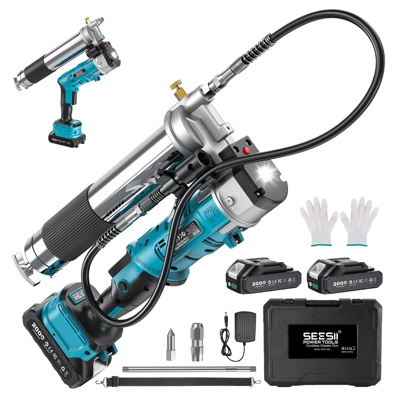Seesii Innovative 2-in-1 Grease Gun: High-Efficiency 5.3 oz/min 12,000 PSI Electric Grease Gun Kit with 2 * 2.0Ah Batteries and Charger, Easy-to-Use for Farmers, Equipment Operators & Owners