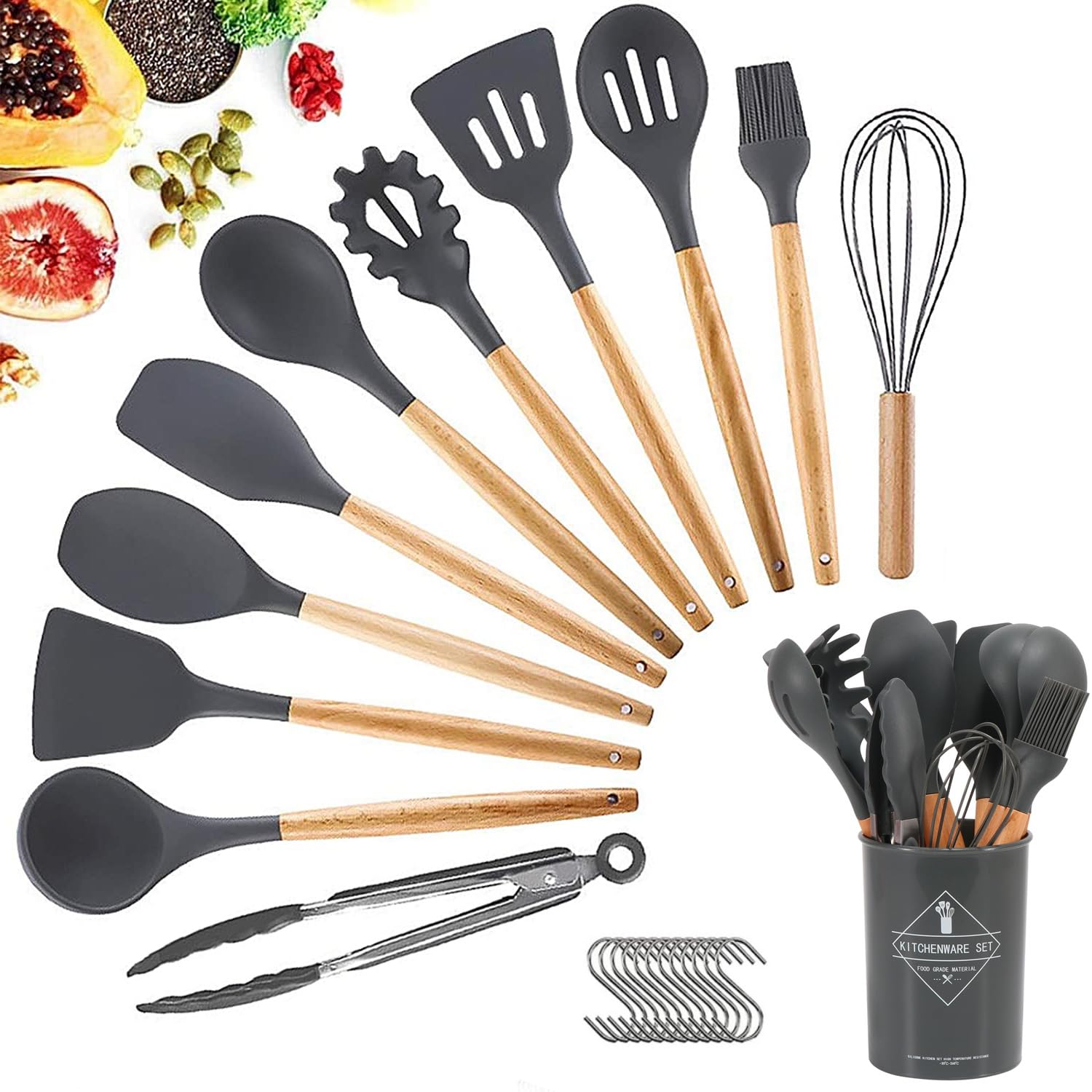 WuudiSilicone Kitchen Utensils 12 Sets, Cooking Utensils Set Kitchenware with Premium Wood Handles Grey + 12 Pack S Hooks