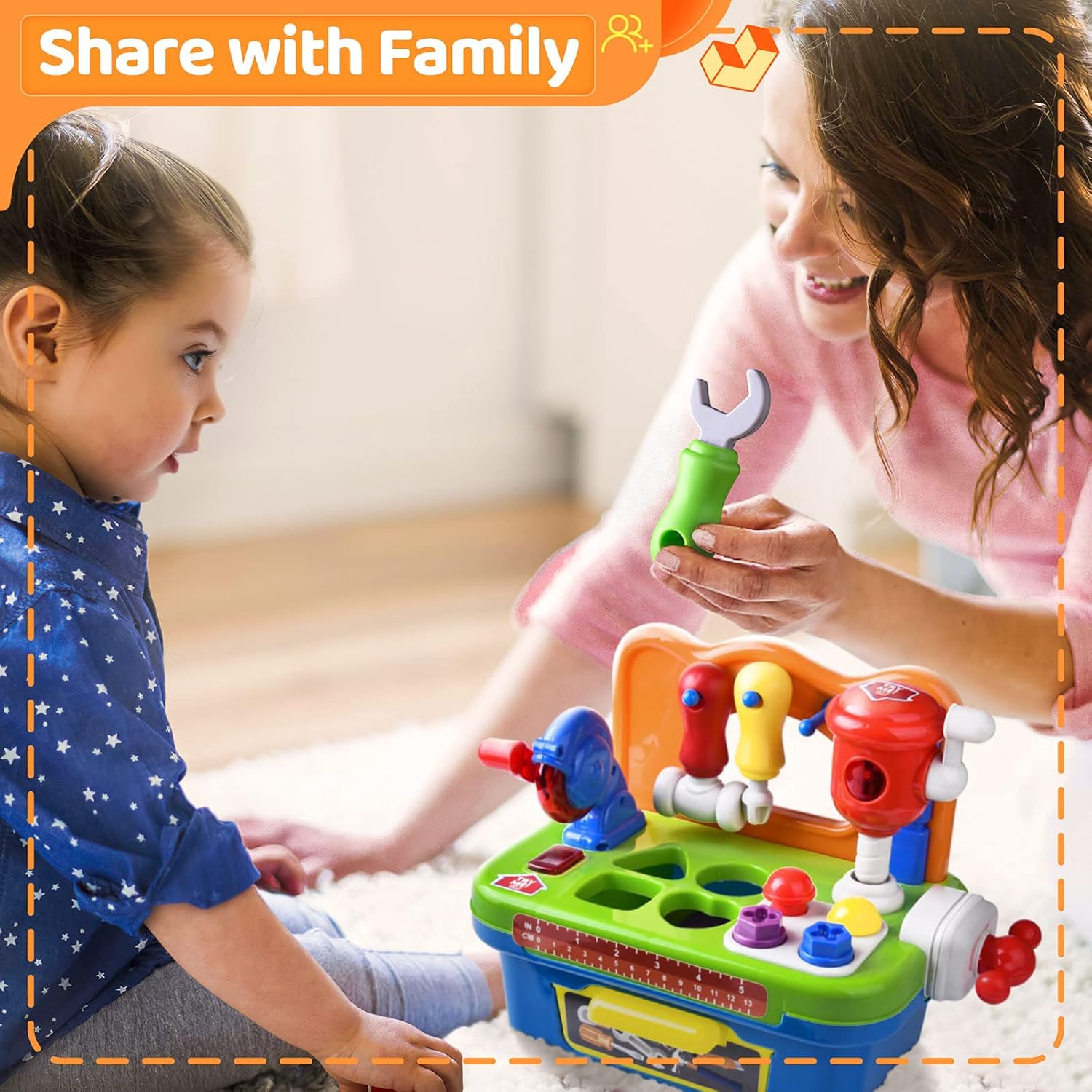 Workbench and Construction Toys for 1 Year Old Boy, Musical Learning Workbench Baby Tool Set with Shape Sorter for Learning Colors, Shape and Numbers