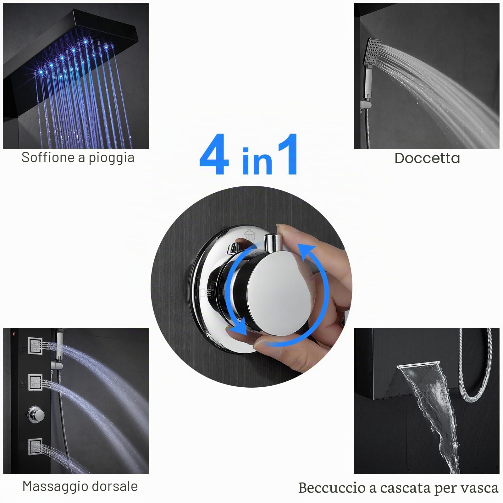 Pannello doccia LED senza rubinetto, 4 funzioni, pannello doccia con doccia a pioggia LED, 3 ugelli massaggianti, doccetta e ingresso vasca da bagno, colonna doccia in acciaio inox 304