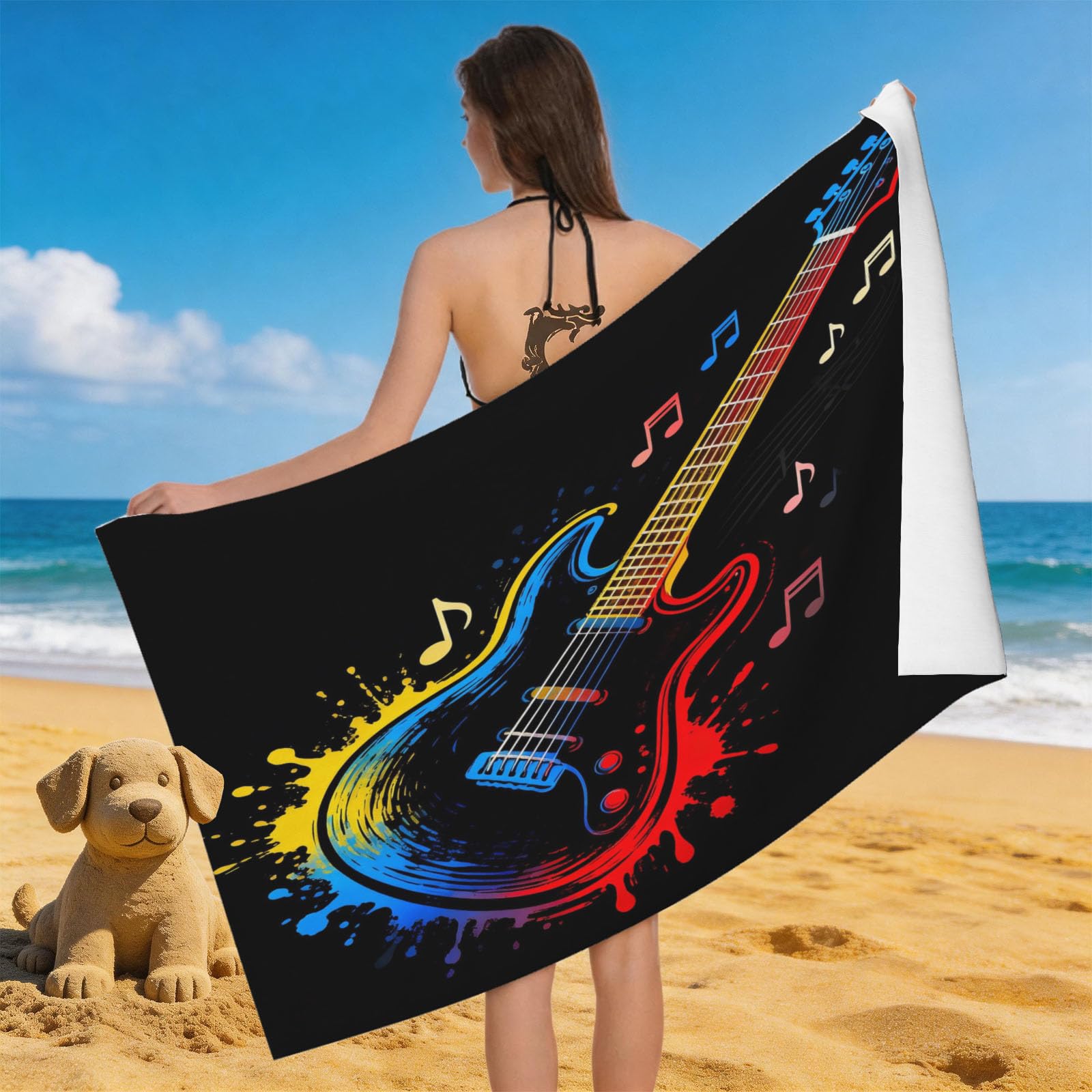 Leichong 3D Cartoon Guitar Beach Towel Large Microfiber Soft Quick Dry for Adults, Music Notes Bath Towel Lightweight Soft Absorbent for Travel Swimming Pool Sports, 180 x 90 cm