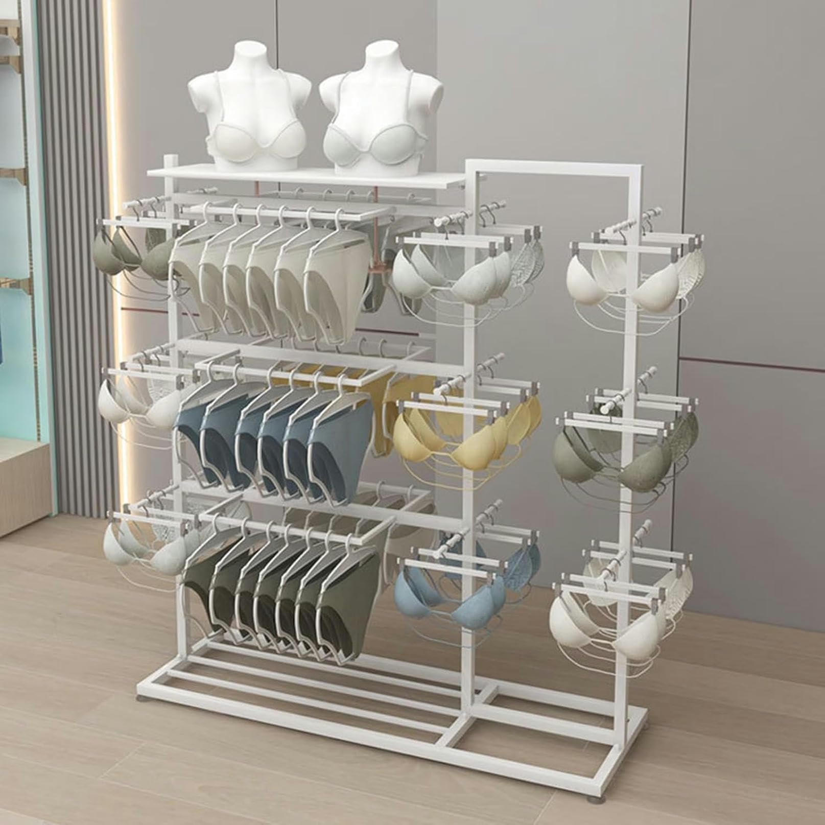CGCSYZ Metal Underwear Display Stand for Retail Stores - Bra Panty Socks Storage Rack with Clothing Hangers for Farmers Markets and Shopping Malls (White 120x40x135cm)