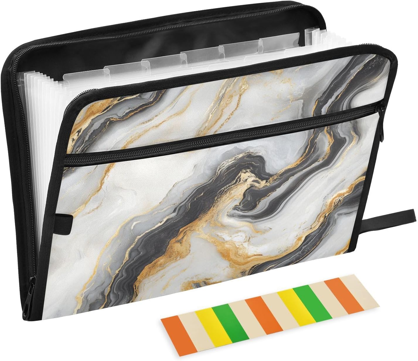 Black White Gold Marble Texture Expanding File Folder A4,13 Pockets File Organiser, Paperwork A4 Plastic Wallet Document Storage Expander for School,Office and Home