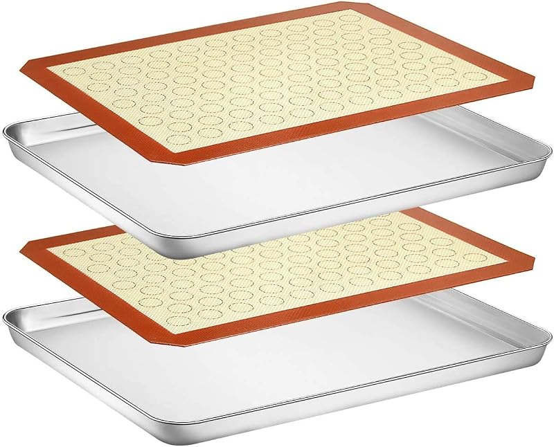 Baking Sheet with Silicone Mat Set, Set of 4 (2 Sheets + 2 Mats), Wildone Stainless Steel Cookie Sheet Baking Pan with Silicone Mat, Size 18 x 13 x 1 Inch, Non Toxic & Heavy Duty & Easy Clean