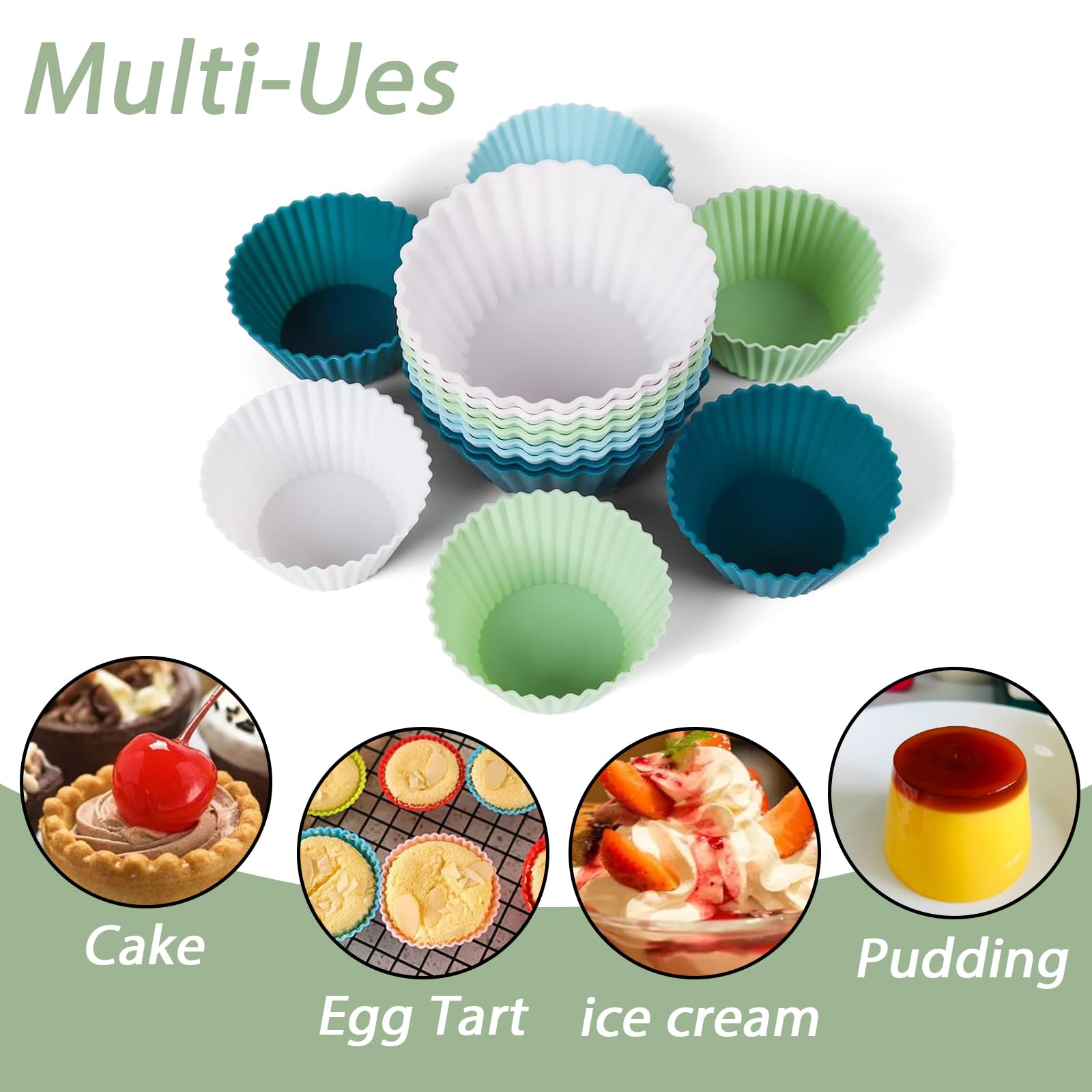 Tazas redondas de silicona reutilizables para hornear, paquete de 12 moldes de silicona reutilizables para magdalenas, antiadherentes, juego de moldes de silicona para cupcakes, tamaño estándar