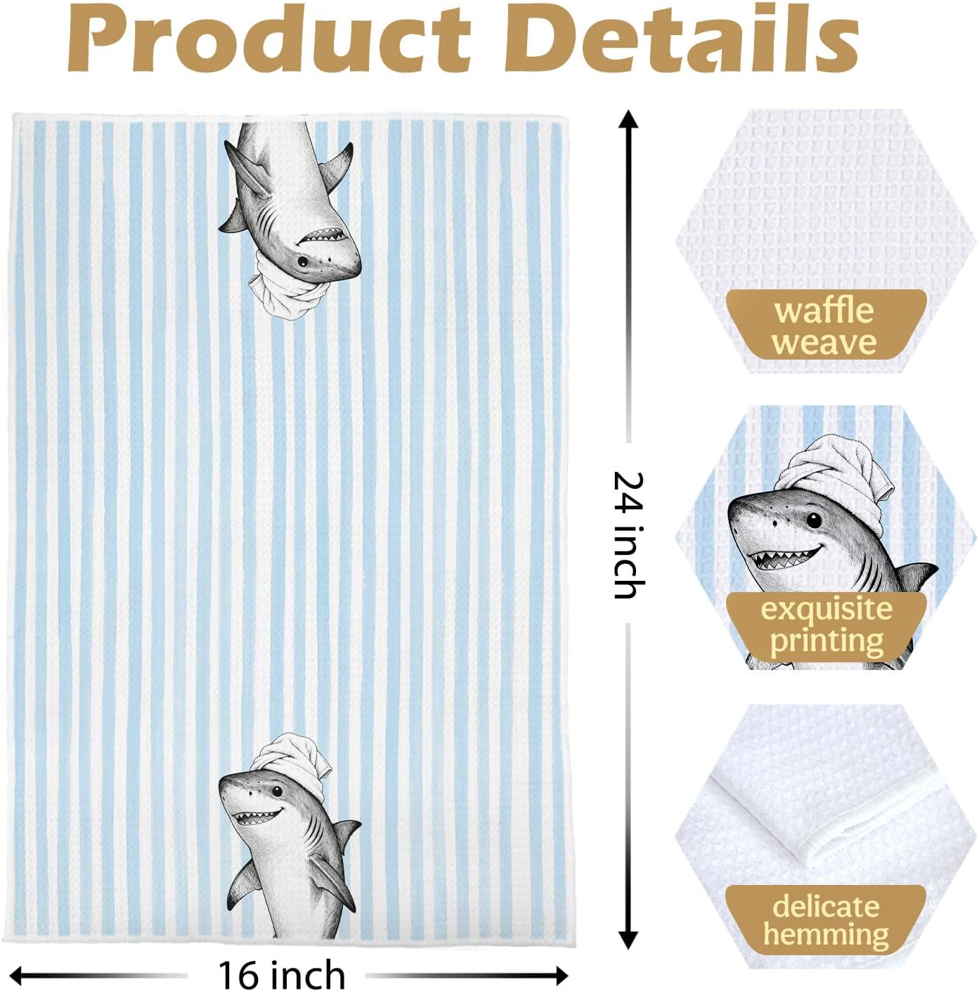 Funny Shark Bathroom Decor Set - Wild Animal Decorative Waffle Hand Towels, Shark Gifts Hand Towes for Kid Bathroom Washroom, 16x24 Inch Set of 4