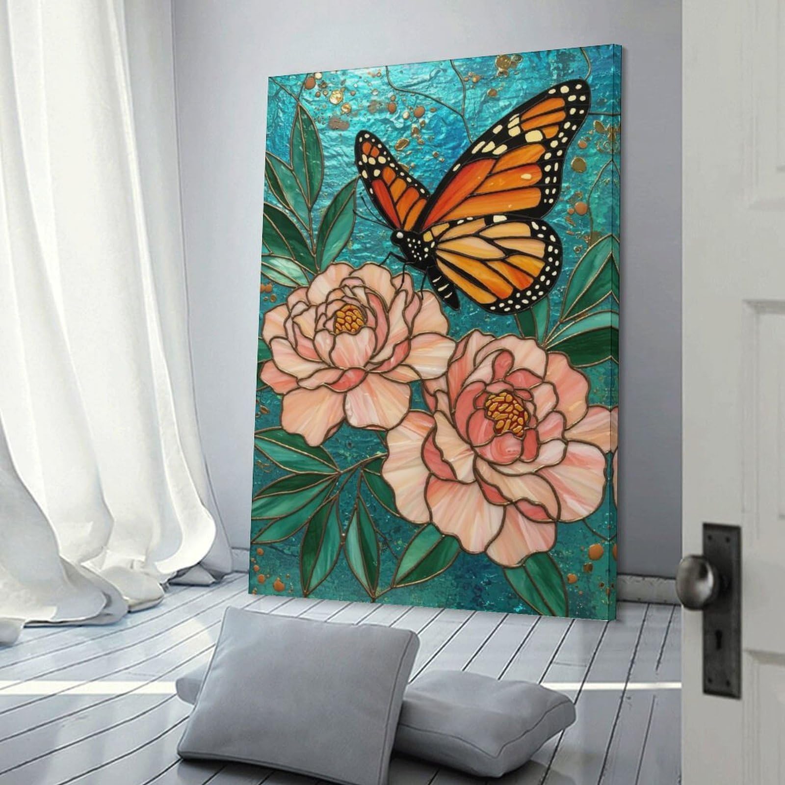 Junmoney Butterfly Stained Glass Canvas Wall Picture, 24x36inch(60x90cm), for Wall Displays, Bedrooms Or Room Updates, Wall Decor Suited to Curated Displays