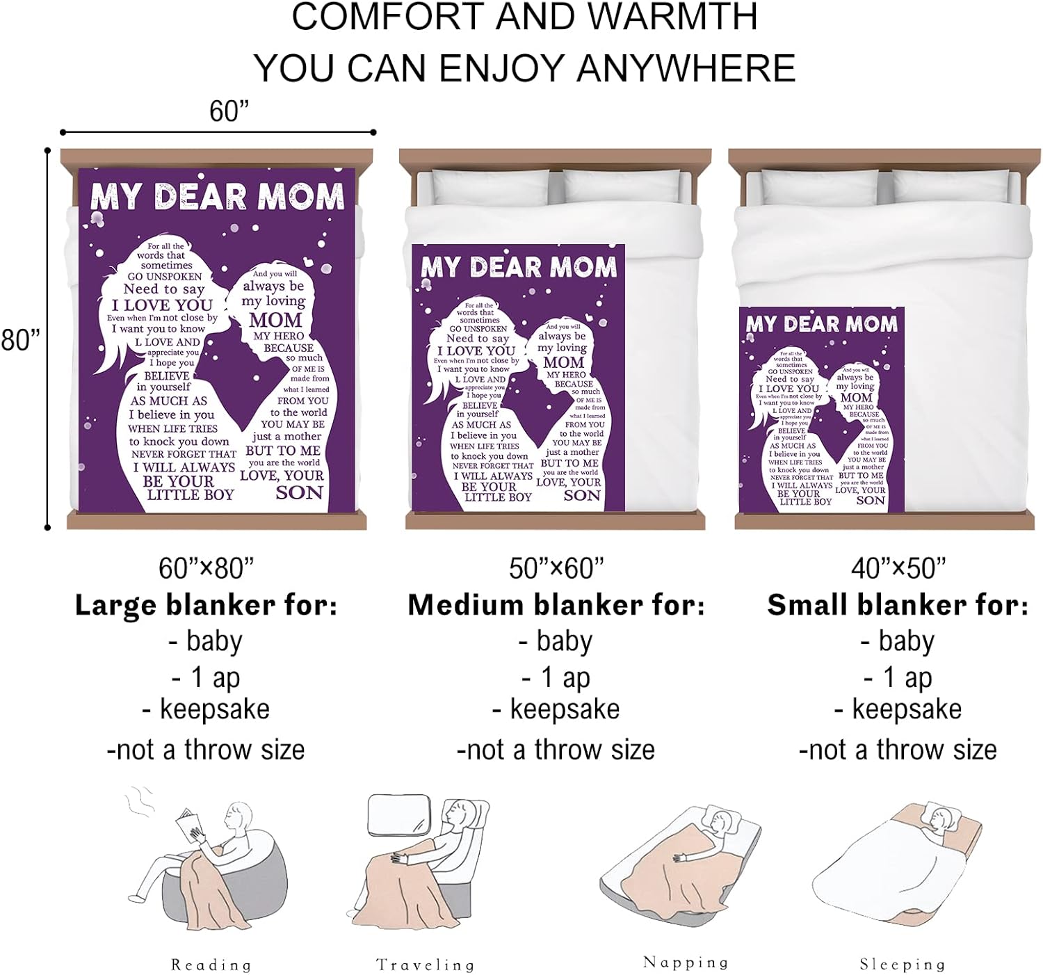 Unique I Love You Mom Gift Ideas - Purple 60" x 80" Throw Blanket for Mothers Day, Birthday, Valentines Day