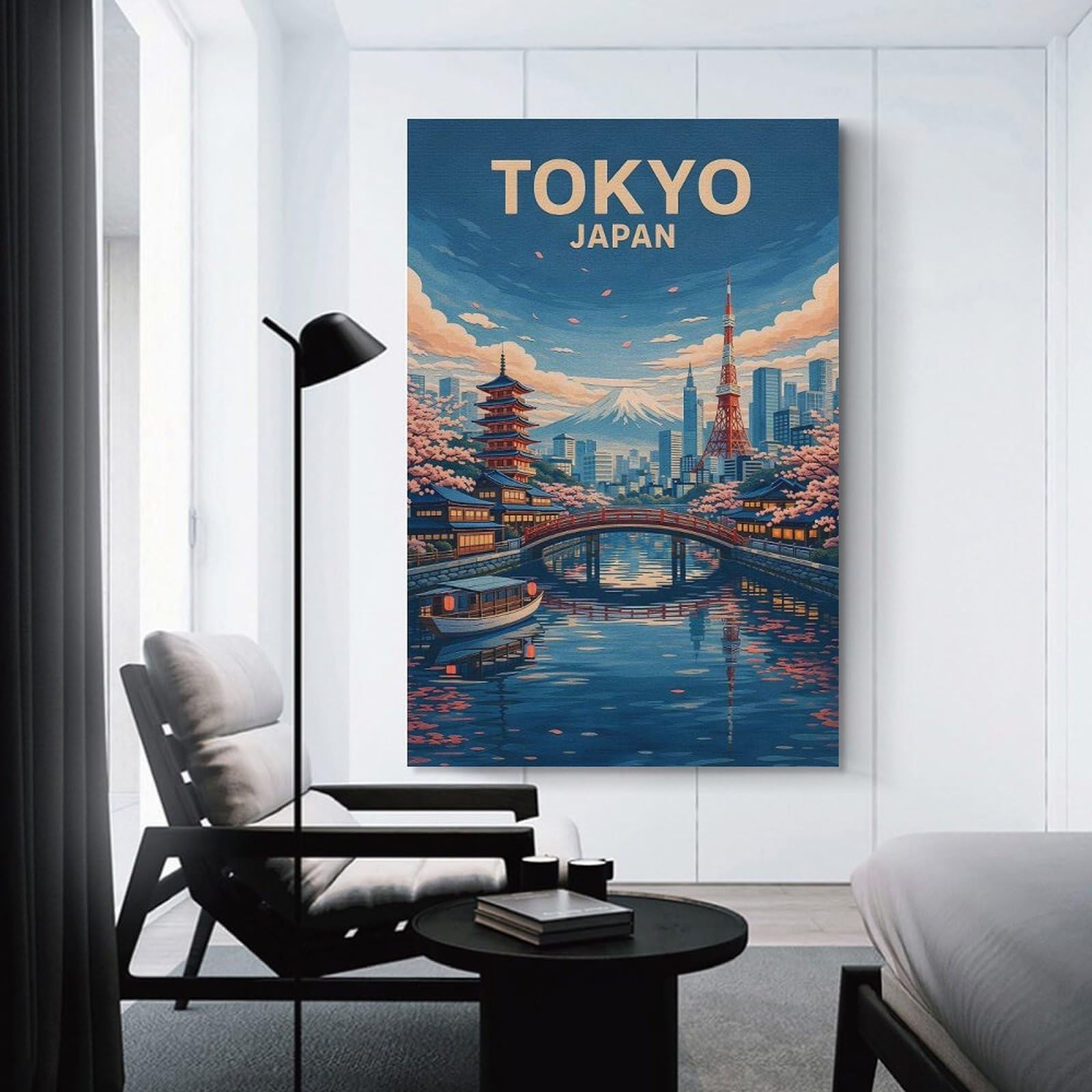 Junmoney Unframe-Style-11 Tokyo Cityscape With Mount Fuji And Cherry Blossoms Wall Art Print, 24X36inch(60X90cm), For Office, Study Or Home Workspace, Decorative Artwork For Productive Spaces