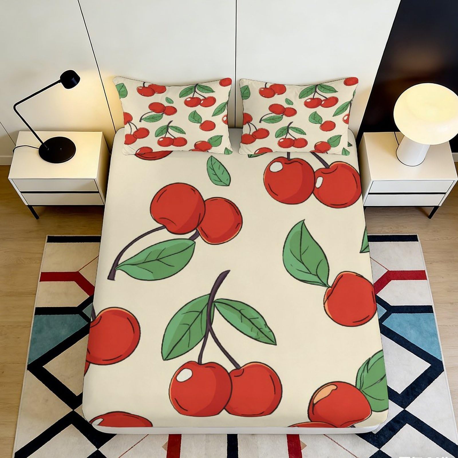 3D Printed Cherry Cartoon Fitted Sheet Microfiber Red Fruit Bed Cover for Bedroom Dorm Decorative Mattress Protection 90x200x25cm