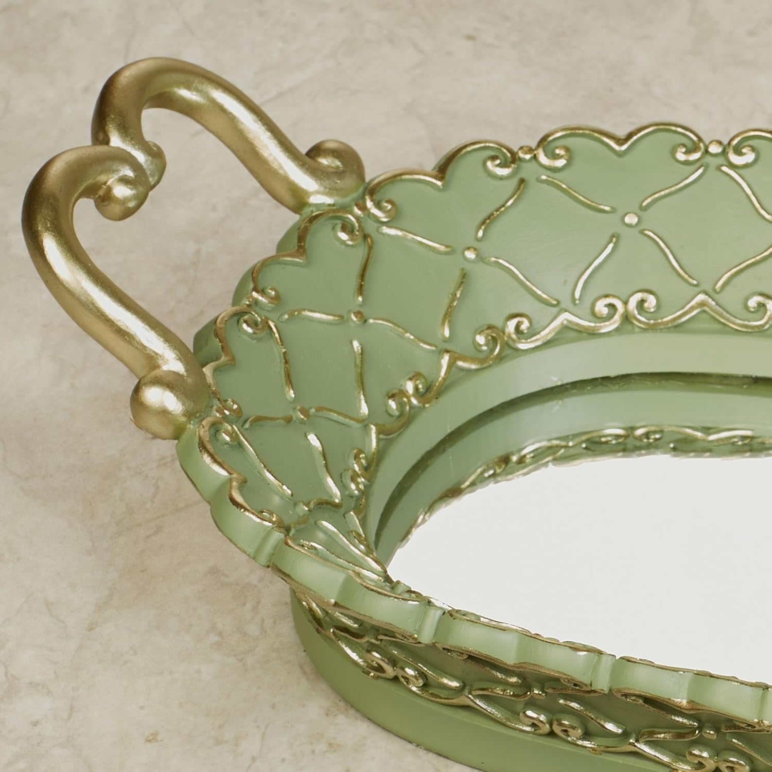 Angelitta Green Decorative Vanity Tray | Handpainted Resin with Gold Accents, Diamond Lattice & Scroll Motifs | Mirrored Bottom | Elegant Classic Home Decor Table Accent | 17.5" W x 8" D