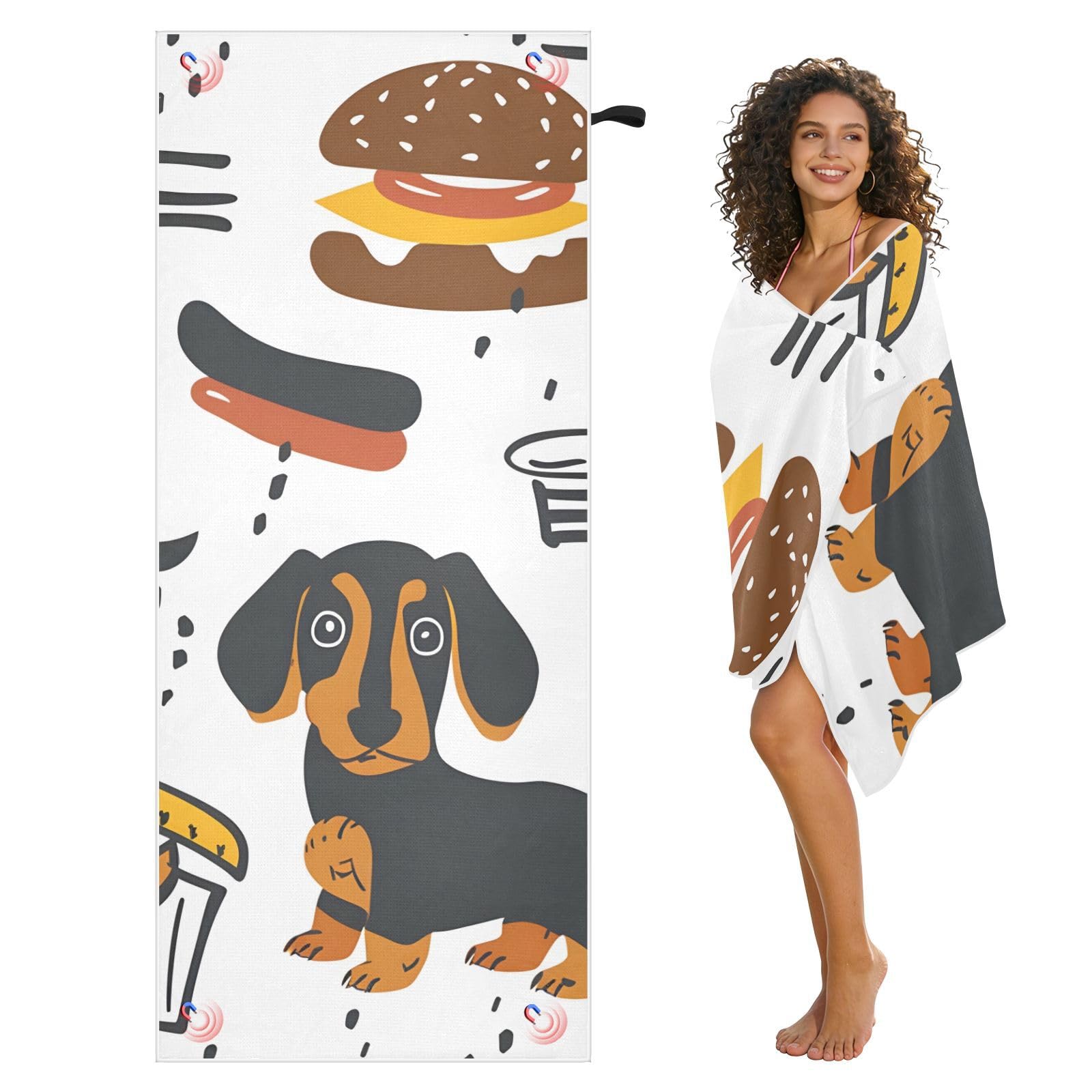 Toallas de playa grandes con bolsas de malla para adultos, bonita y simple toalla de baño de perro salchicha con cierre magnético, toalla absorbente de secado rápido para piscina, camping y
