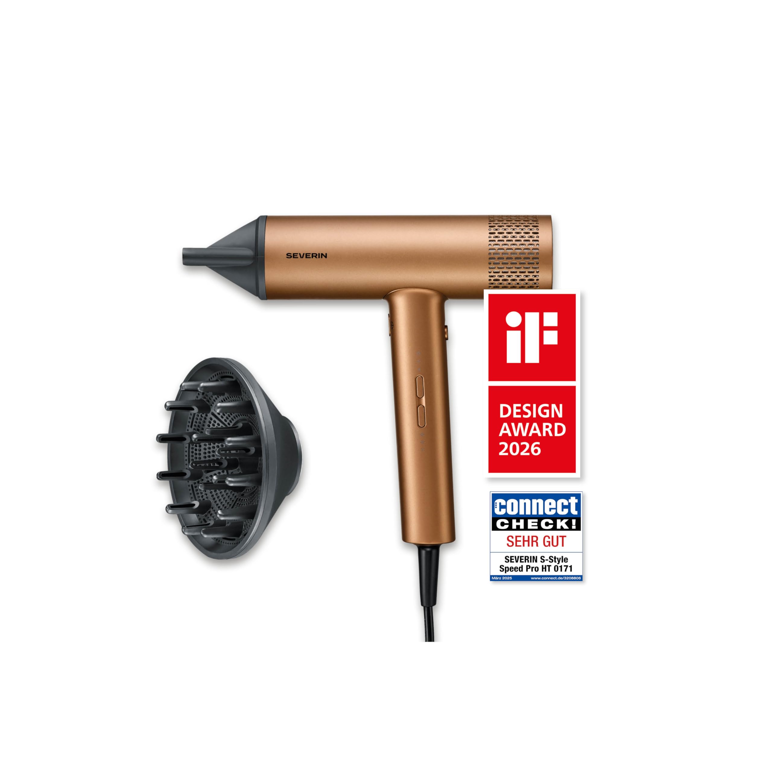 Severin HT 0172 Sèche-cheveux ionique avec anti-frisottis, concentrateur, diffuseur, coiffage doux, 3 niveaux de température et 3 niveaux de puissance, niveau froid, câble de 2,8 m, style S, 2000 W