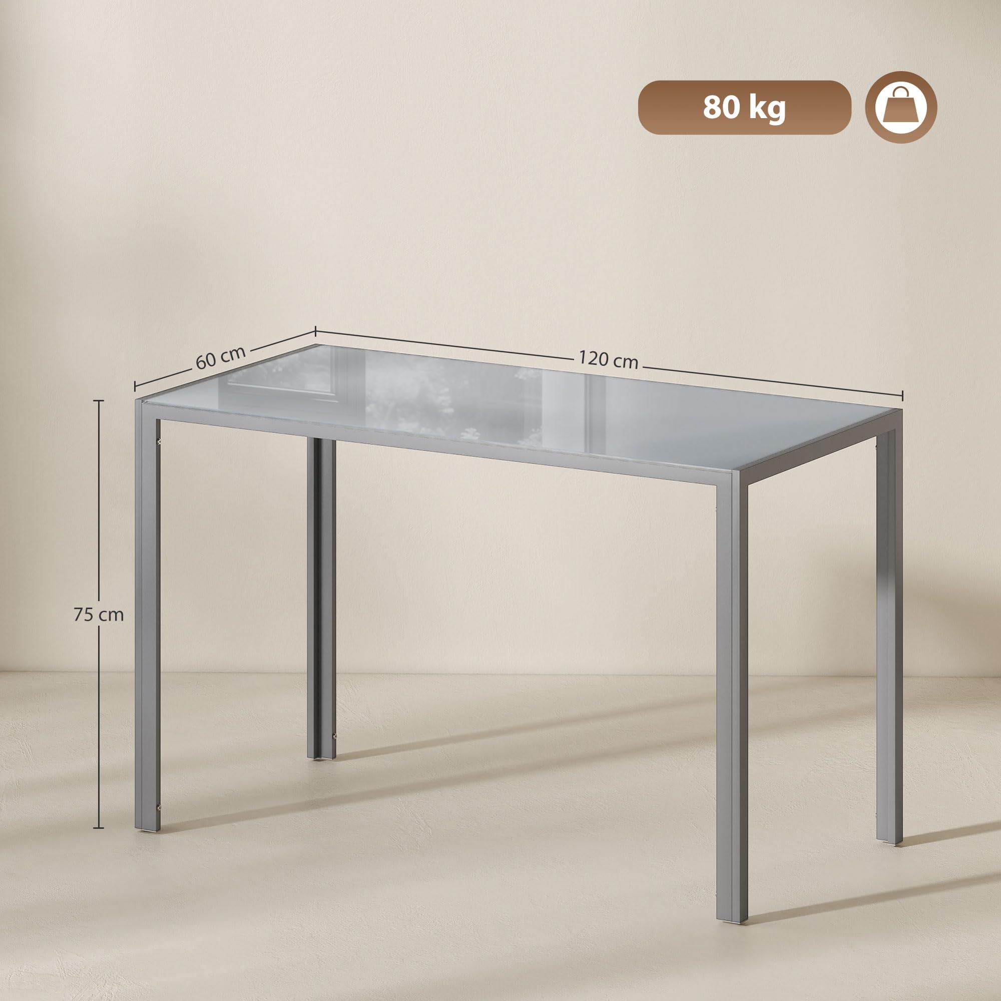 HOMCOM Mesa de Comedor de Cristal, Mesa Rectangular para 4-6 Personas con Patas de Metal, para Cocina, Salón, 120x60x75 cm, Gris
