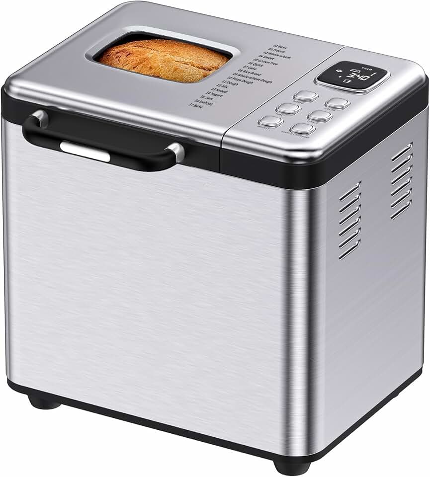 Máquina de Fazer Pão, Panificadora Elétrica em Aço Inoxidável, com Visor e Painel Digital, Prata
