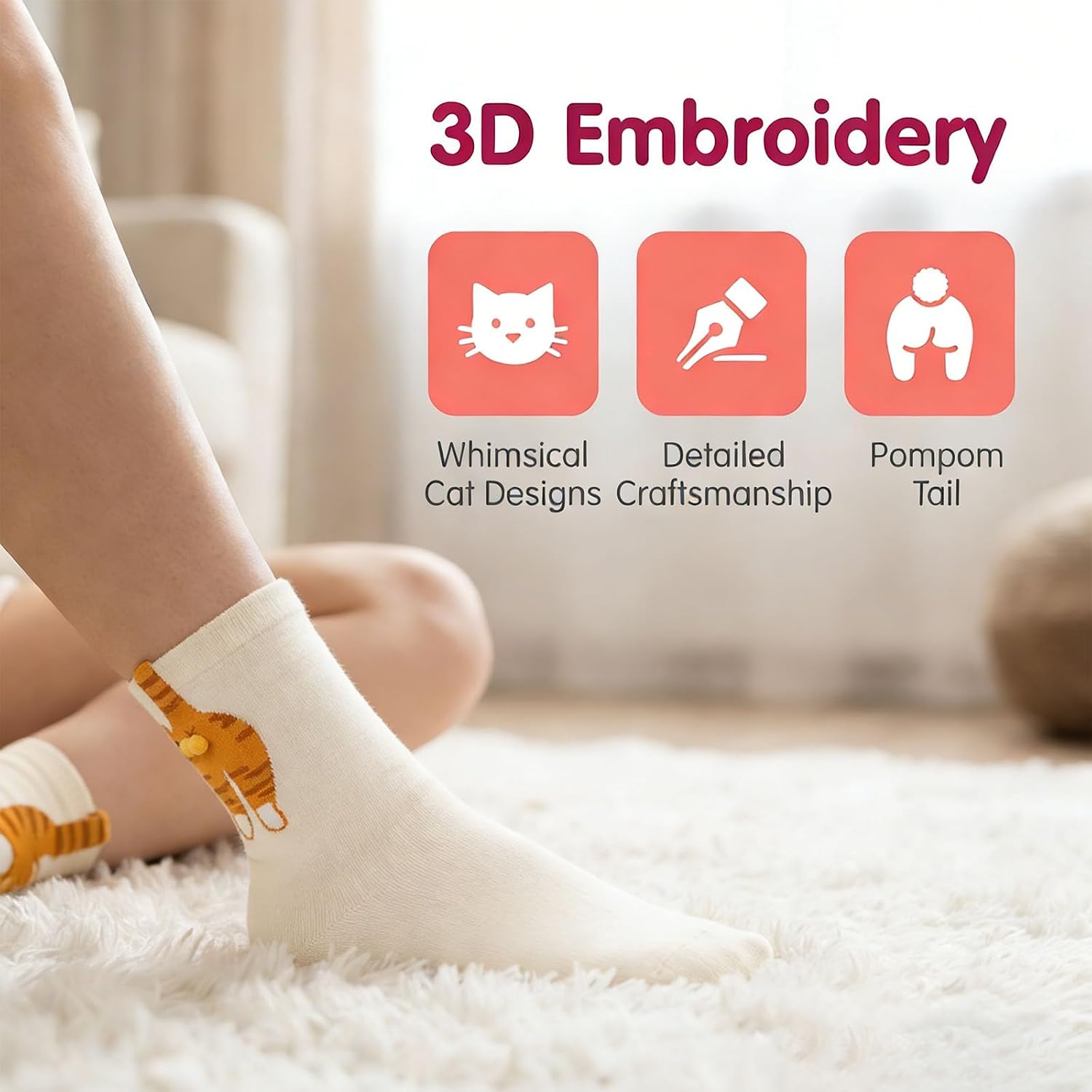 Cute Cat Socks for Women Novelty Funny Cat Cotton Crew Socks with Balls - Top Birthday Gifts for Mom Girls Friend