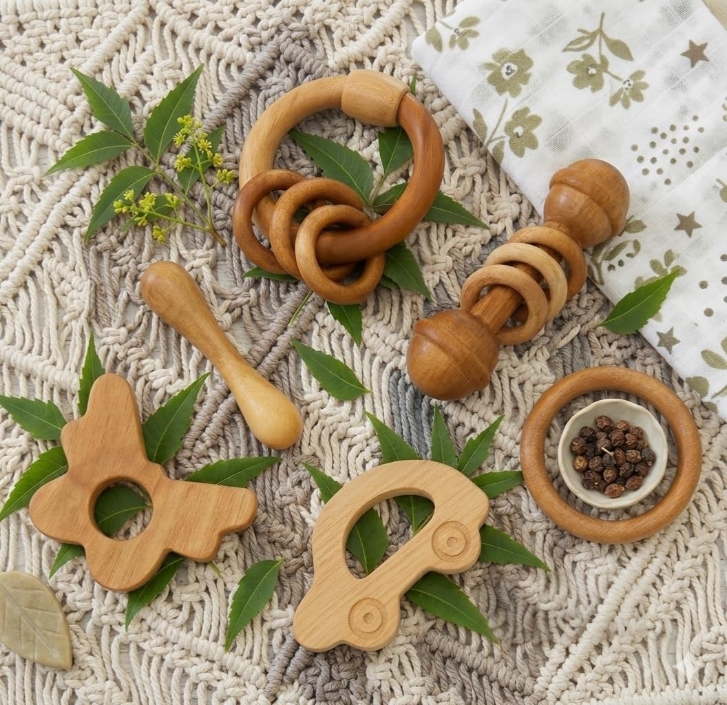 Natural Neem Wood Teether Set for Babies, Butterfly and Car Shape, Rattle Included-image-10