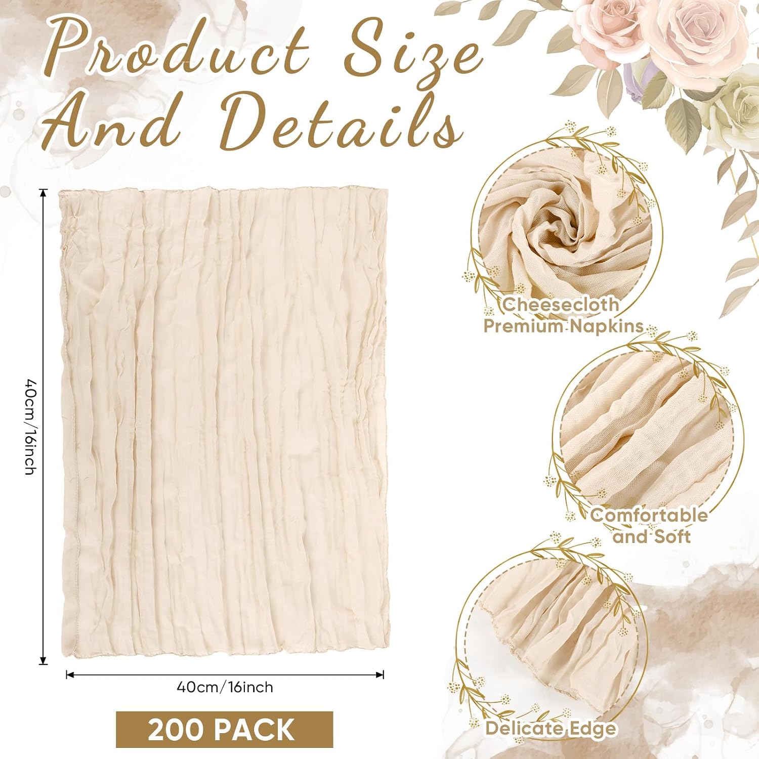 Zhehao 200 Pack Cheese Cloth Napkins Bulk 16 x 16 Inch Cheesecloth Gauze Cheese Cloth Dinner Table Napkins Rustic Wrinkled Decorative for Wedding Reception Shower Party(Beige)