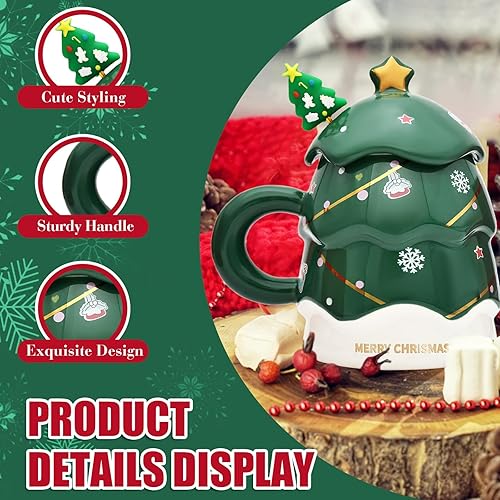 Miniatura 2 de Taza de árbol de Navidad de 14 onzas con tapa y cuchara, bonita taza de café de cerámica festiva, regalo de mesa de invierno, Navidad, cumpleaños,