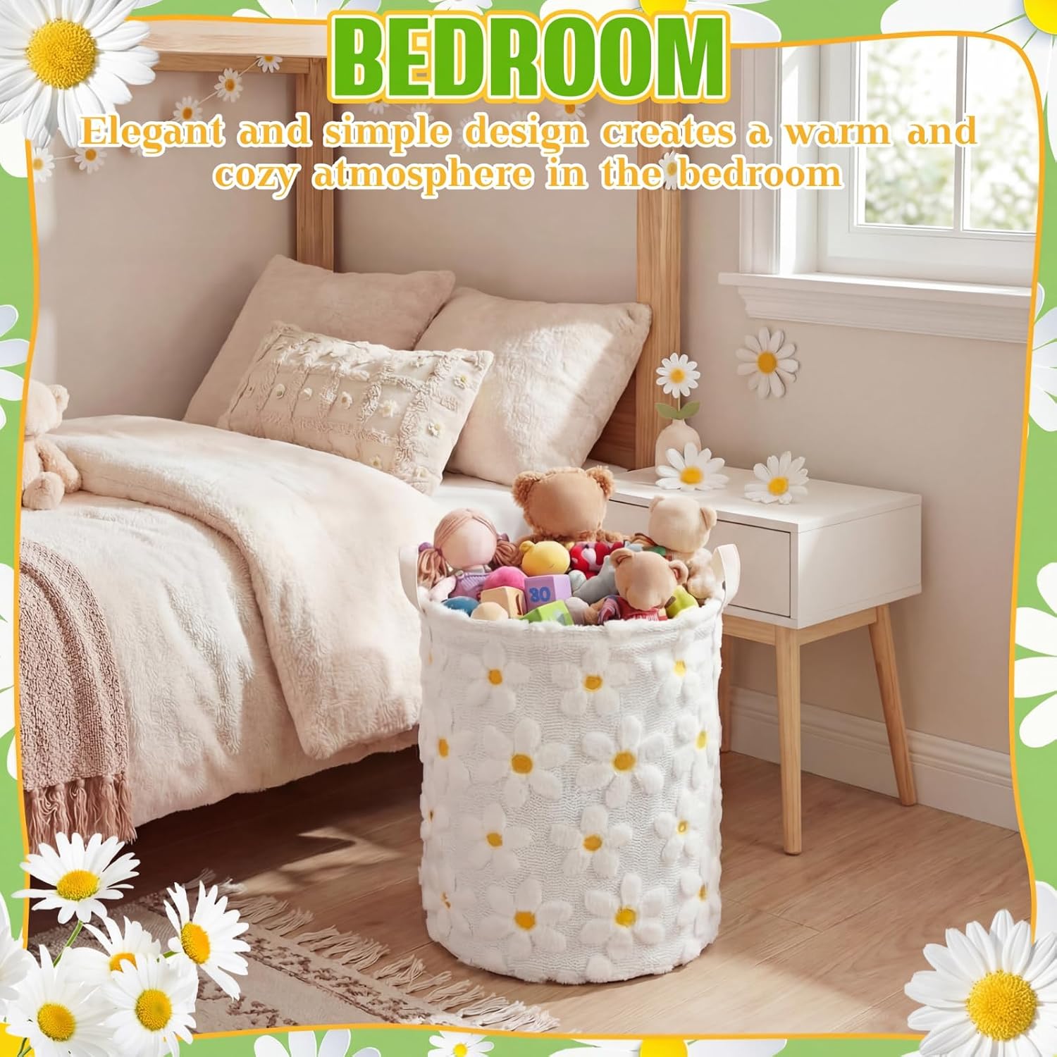 Blushtier 1 Pc White Daisy Laundry Hamper Girls Room Decor Daisy Plush Faux Fur Basket Kids Large Storage Basket Collapsible Organize Bins for Gifts Toys Blanket Clothes Nursery Bedroom