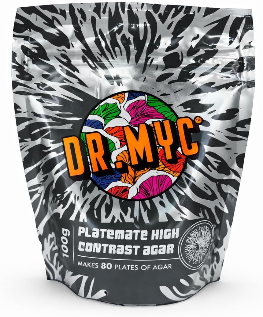 DrMyc.com Platemate "High Contrast" MYC Agar (Malt Extract, Yeast, Carbon) for Wood & Dung Loving Fungi. Complete with Step-by-Step Instructions. Designed for Dung & Wood Lovers. Makes 80-120 Plates