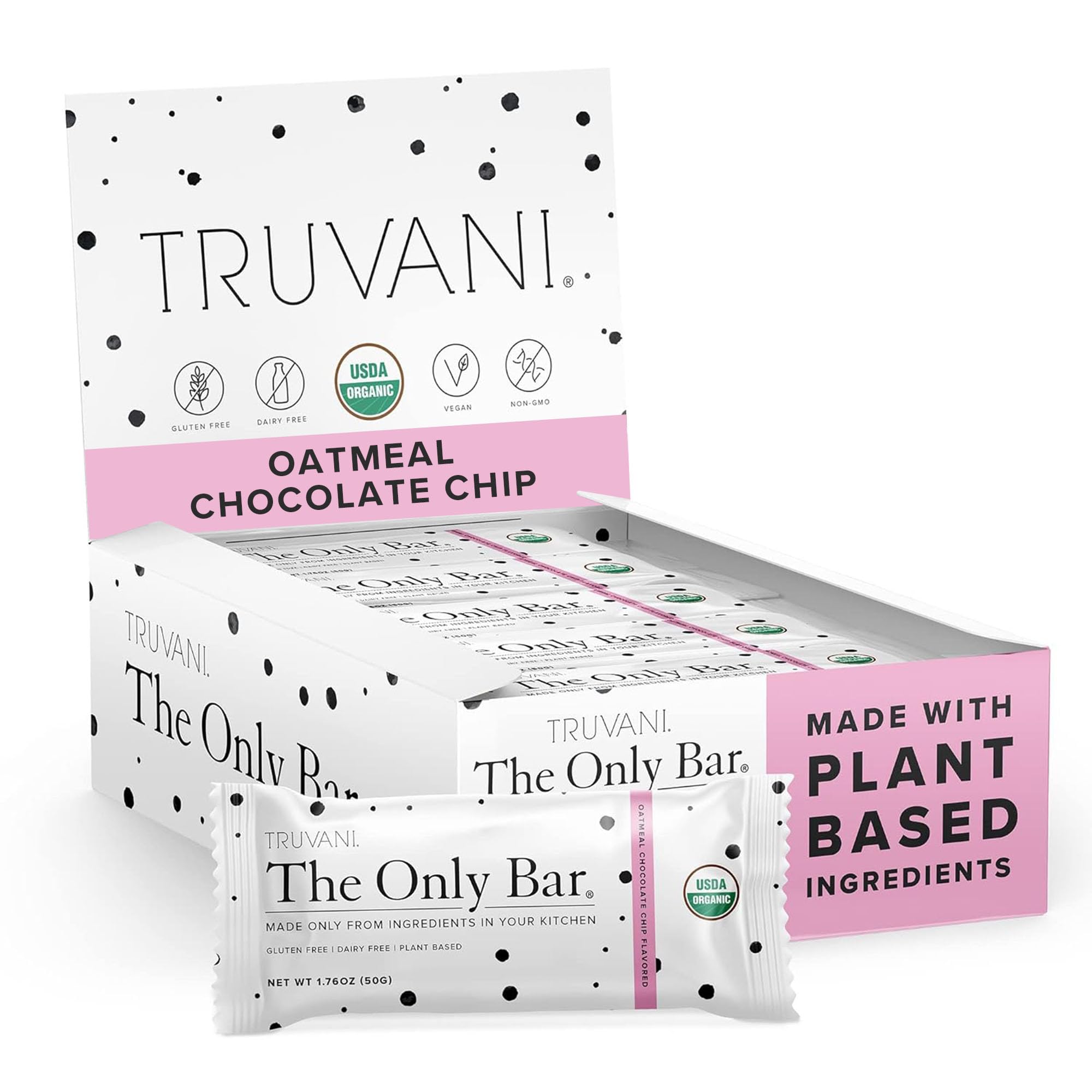 TruvaniPlant Based Snack Bars | Oatmeal Chocolate Chip 12 Pack | 6g Protein | USDA Organic and Vegan | The Only Bar | Dairy, Soy, and Gluten Free | Individually Wrapped