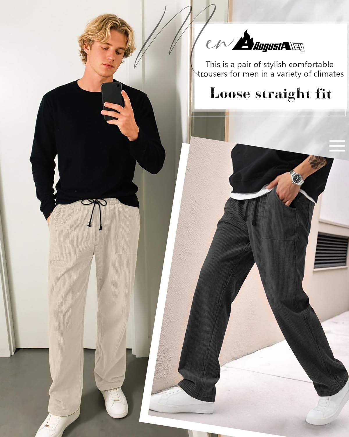 3 Pack Men's Corduroy Pants Baggy Wide Leg Sweatpants Straight Casual Drawstring Elastic Waist Loose Pant Pocket - Image 2