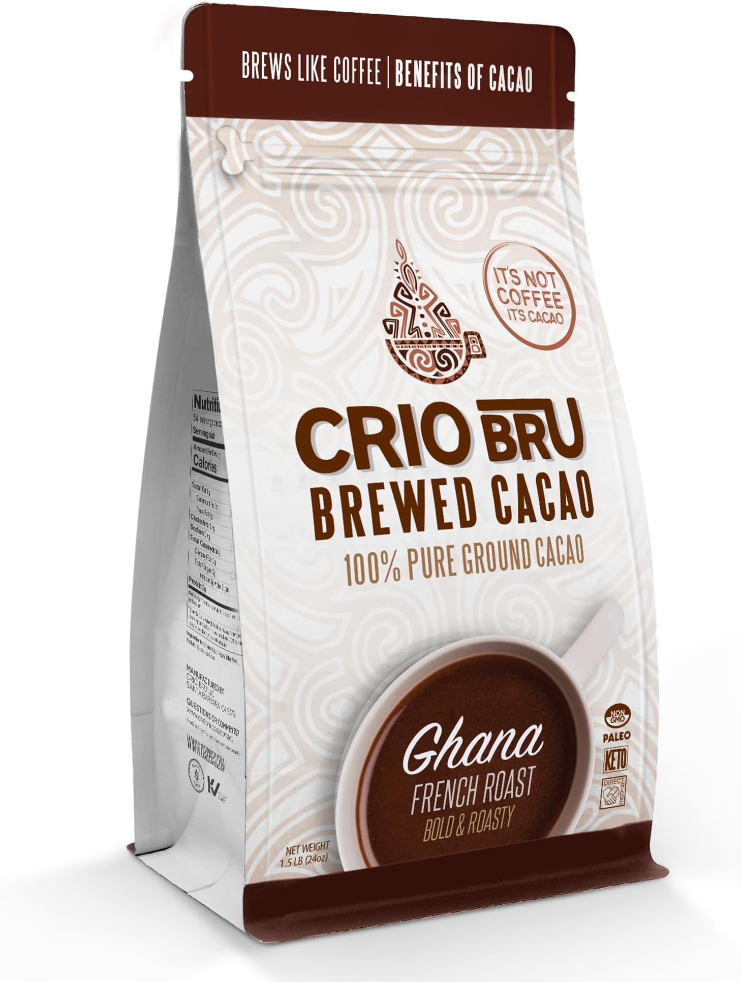 Brewed Cacao Ghana French Roast 1.5lb (24oz) Bag - Coffee Alternative Natural Healthy Drink | 100% Pure Ground Cacao Beans | 99.99% Caffeine Free, Keto, Low Carb, Paleo, Brew And Enjoy Hot or Iced